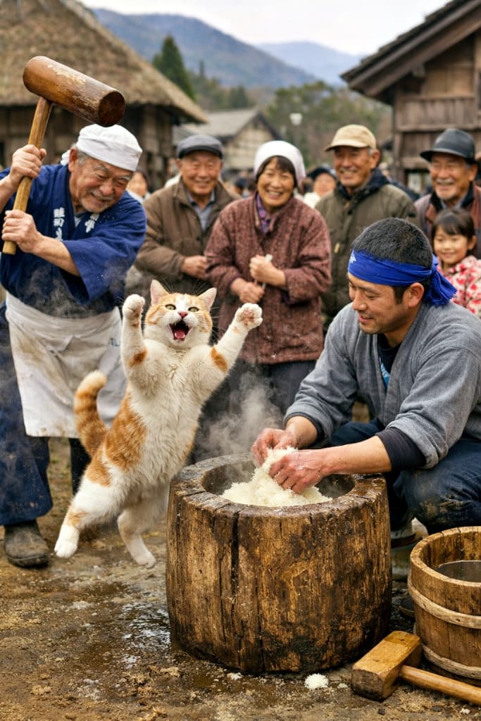 A photorealistic scene of an excited cat jumping beside a traditional Japanese mochitsuki rice-cake pounding event, with villagers smiling and watching in a rural village setting. 伝統的な餅つきの最中、農村の人々に囲まれながら興奮して跳び上がる猫を写したフォトリアルなシーン
