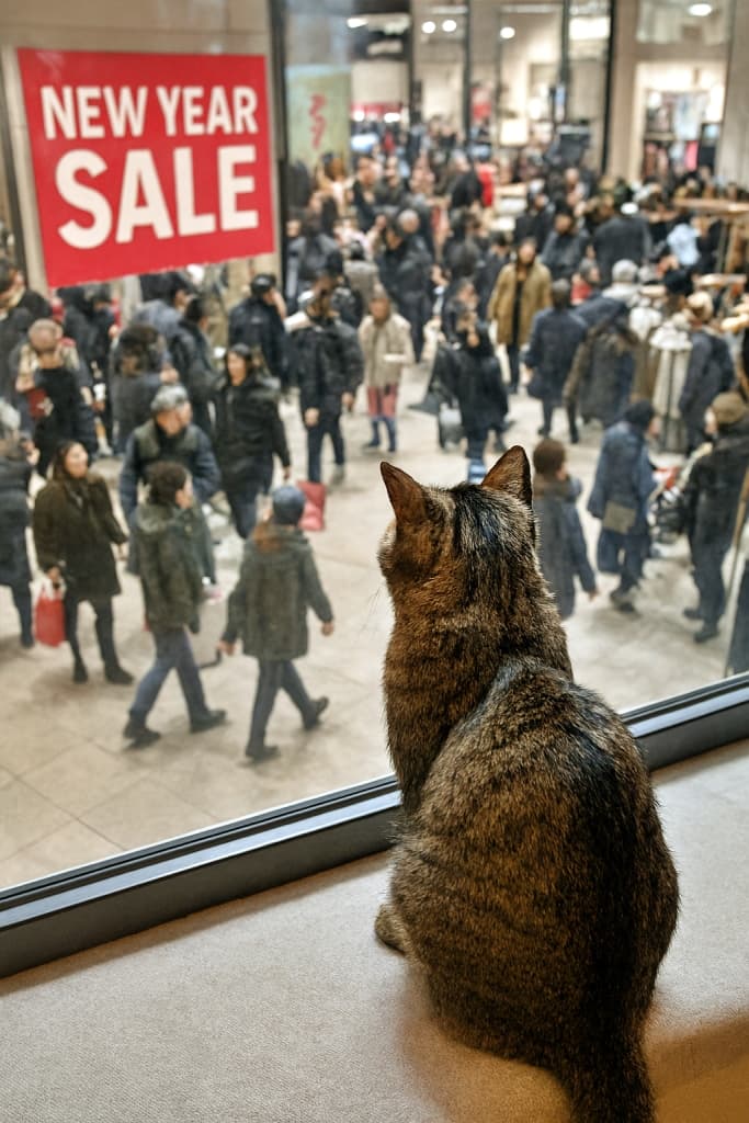 「人混みより、ぬくぬく窓辺が最高ニャ！初売り観察中のタビーちゃん♡」A tabby cat sits on a department-store window ledge, gazing down at bustling New Year sale crowds. タビー柄の猫がデパートの窓辺に座り、にぎわう初売りの人混みを見下ろしている