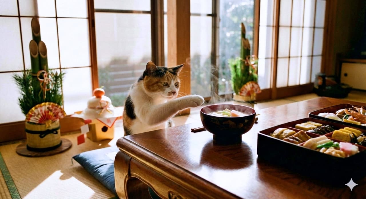 Photorealistic image of a curious calico cat reaching toward a steaming bowl of ozoni on a low wooden table, surrounded by traditional Japanese New Year decorations such as kagami mochi and kadomatsu, in a serene tatami room with natural light. 好奇心旺盛な三毛猫が、低い木製の卓上に置かれた湯気の立つお雑煮に手を伸ばしているフォトリアルな画像。鏡餅や門松などの正月飾りに囲まれ、自然光が差し込む畳の和室で撮影されている