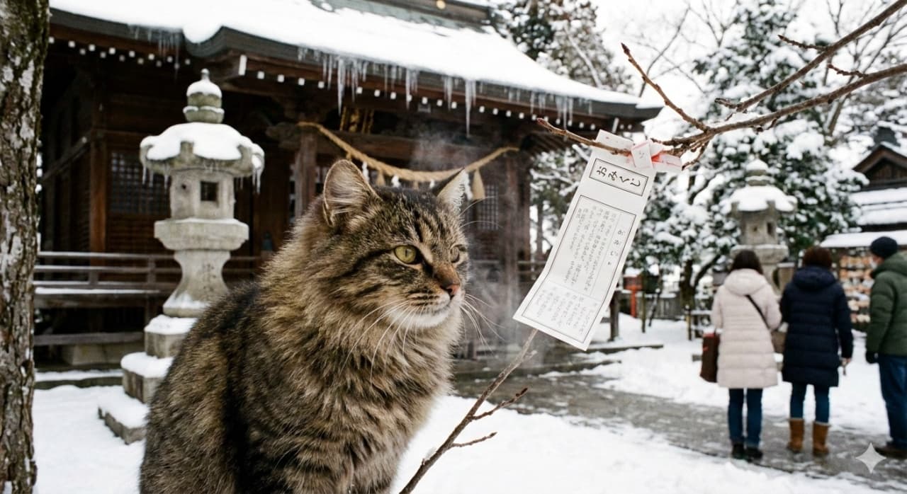 「雪の神社で真剣なお顔の猫ちゃん発見！おみくじの結果が気になるのかな？冬のモフモフ最高♡」A photorealistic winter photograph capturing a long-haired tabby cat staring intently at an "omikuji" fortune slip tied to a branch. The snowy shrine grounds feature a traditional building decked with icicles, stone lanterns, and visitors in the background, emphasizing a quiet, cold atmosphere. 雪深い神社の境内で、木の枝に結ばれた「おみくじ」を真剣な眼差しで見つめる長毛のキジトラ猫。ふさふさした毛並みや、おみくじの文字、背景の雪化粧した社殿の氷柱までリアルに描写された、静謐な冬の日本の風景写真