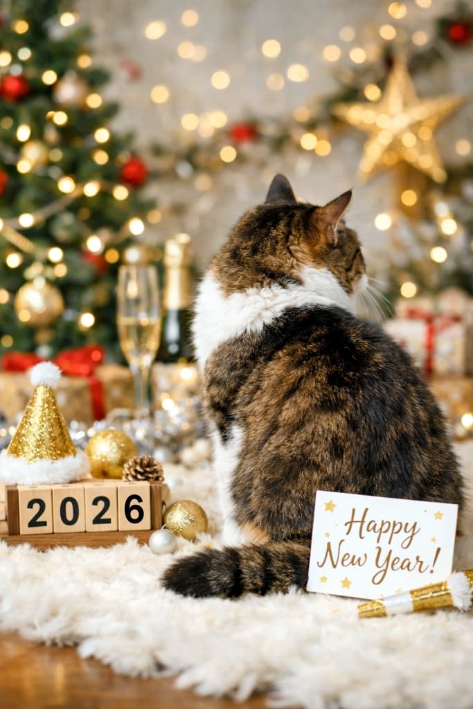 A photorealistic cat turning away during a New Year card photo shoot, sitting on a white rug with festive decorations, warm natural lighting, and a cheerful holiday background. 年賀状用の撮影中にカメラから顔を背ける猫。白いラグの上に座り、正月の飾りとあたたかい自然光に包まれたフォトリアルなシーン