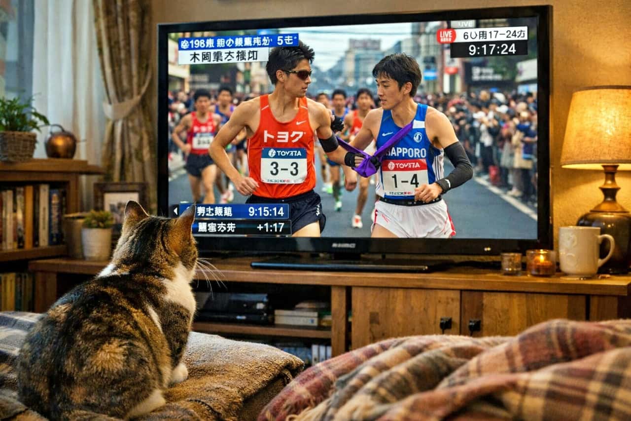 A tabby cat sits on an ottoman in a cozy living room, staring intently at a television broadcasting a Japanese Ekiden relay race with runners passing the tasuki baton. 居心地のよいリビングルームで、オットマンに座ったキジトラ猫が、駅伝中継でたすきを渡すランナーたちが映るテレビ画面を真剣な表情で見つめている