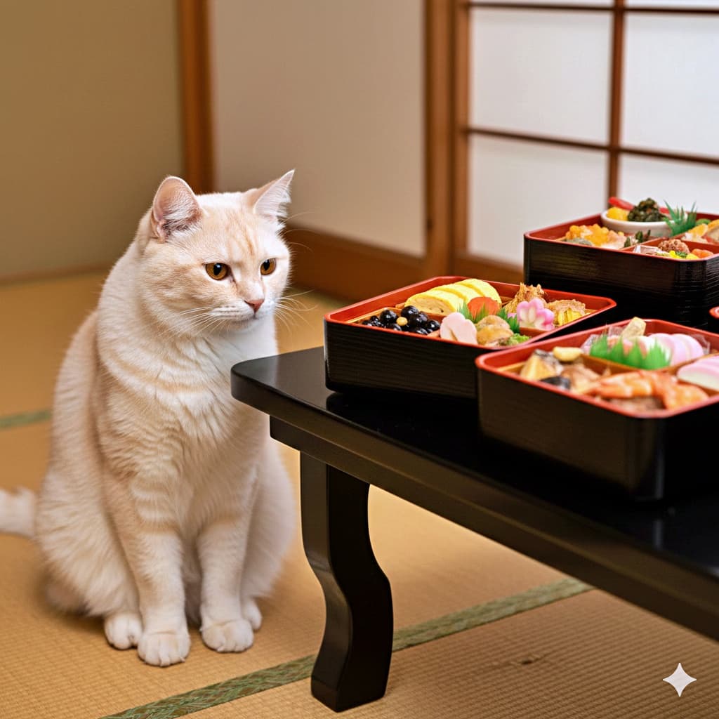 「「今年の伊達巻の出来はどうかな？」重箱の中身を厳しい目でチェックする、クリーム猫の検査員🧐🎍」A cream-colored cat sitting on a tatami floor, staring intently at stacked lacquered boxes (Jubako) filled with colorful Osechi food on a low table. The cat sits upright with a serious, stoic expression, appearing to inspect the quality and arrangement of the traditional New Year's meal. 落ち着いた雰囲気の和室で、二段、三段と積み上げられた重箱入りの「おせち料理」を、横からじっと凝視しているクリーム色の猫。猫はテーブルの高さに合わせて背筋を伸ばし、まるで料理の盛り付けや内容を厳しく「検品」しているかのような、真剣で冷静な横顔を見せています