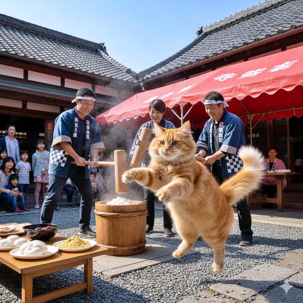 「ぺったんこの音に大興奮！フレームインしてきた茶トラ猫ちゃん、躍動感がすごすぎて主役を奪っちゃいました🐈💨」A dynamic shot of a fluffy ginger cat leaping mid-air in the foreground, arms wide open, seemingly excited by the rhythm of the Mochitsuki taking place behind it. Freshly made rice cakes sit on a table in the front left, while men pound rice and children watch under a red and white festive tent in the background. 餅つきの「ぺったん」というリズムに興奮したのか、臼の前で手足を広げて大ジャンプをしているふわふわの茶トラ猫。手前のテーブルには丸めたばかりの餅やきなこ餅が並べられています。背景では紅白幕の下で人々が餅つきを続けており、子供たちが驚きと笑顔で猫を見つめている躍動感あふれる一枚