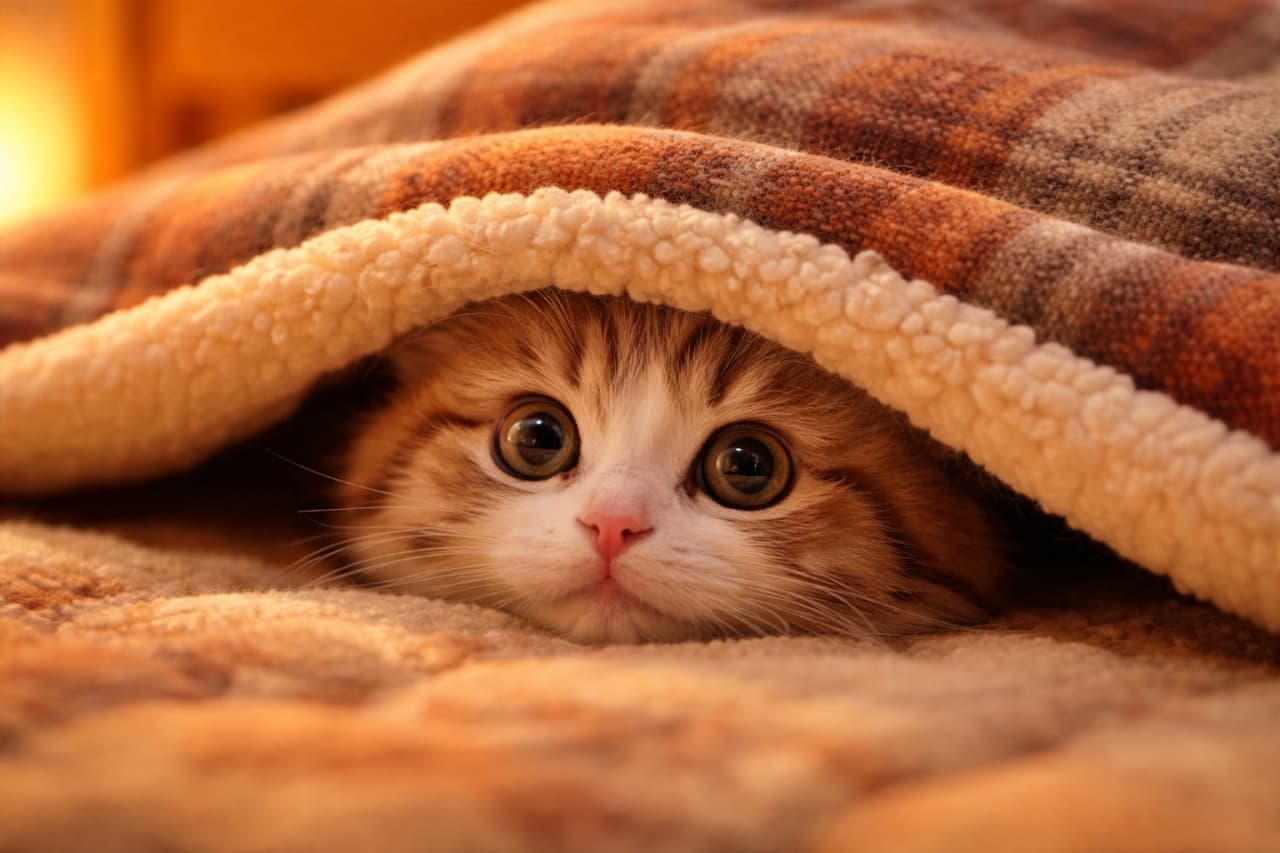 「完全に「こたつ布団から出たくない冬の生き物」」A kitten peeks out with only its head visible from under a kotatsu blanket, softly lit by warm indoor lighting. こたつ布団の下から顔だけをのぞかせる子猫。暖かい室内のやわらかな光に包まれている