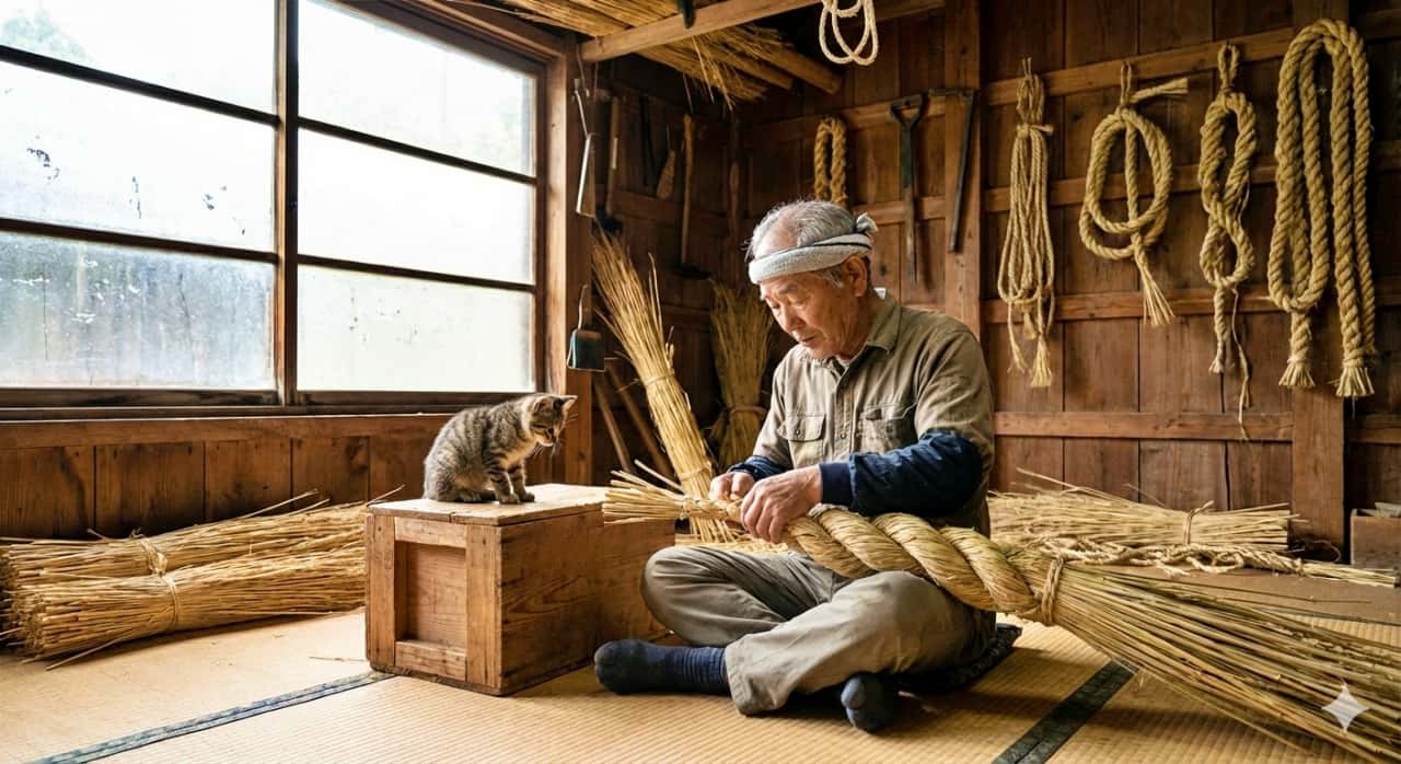 Photorealistic image of a tabby kitten perched on a wooden crate, curiously observing a craftsman weaving a thick shimenawa rope from straw bundles in a rustic workshop with rope-covered walls and soft natural light. 木箱の上に乗ったキジトラの子猫が、藁束から太いしめ縄を編む職人の作業を好奇心いっぱいに見つめているフォトリアルな画像。縄が掛けられた壁と柔らかな自然光が印象的な素朴な作業場