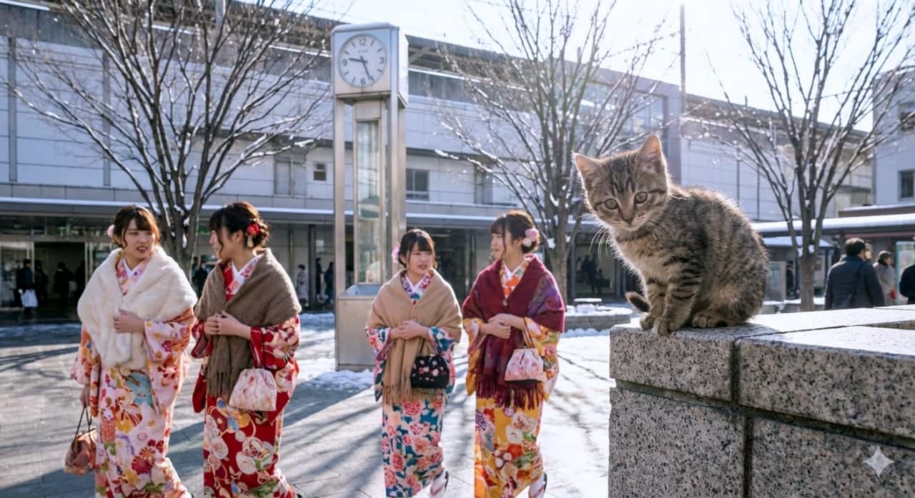 「「お姉さんたち、綺麗だニャ〜」特等席で振袖姿をウォッチング中の子猫さん。冬の街角の素敵な出会い👘✨」A high-resolution, photorealistic photograph taken in a Japanese station plaza during winter. In the foreground, a tabby kitten sits on a stone wall, looking back towards the camera. In the background, four young women wearing colorful furisode kimonos with white shawls walk happily. A large clock tower, station building, and patches of snow on the ground are visible under soft winter sunlight, which highlights the texture of the kitten's fur and the vibrant kimonos. 冬の晴れた日の駅前広場で、石垣の上にちょこんと座り、カメラの方を振り返っているキジトラの子猫。その背後には、色鮮やかな振袖に白いショールを羽織った4人の若い女性たちが楽しそうに歩いており、遠くには近代的な駅舎や時計台、雪が残る地面が写っている。柔らかな冬の自然光が、子猫の毛並みや着物の柄を美しく照らし出している、高解像度のスナップ写真
