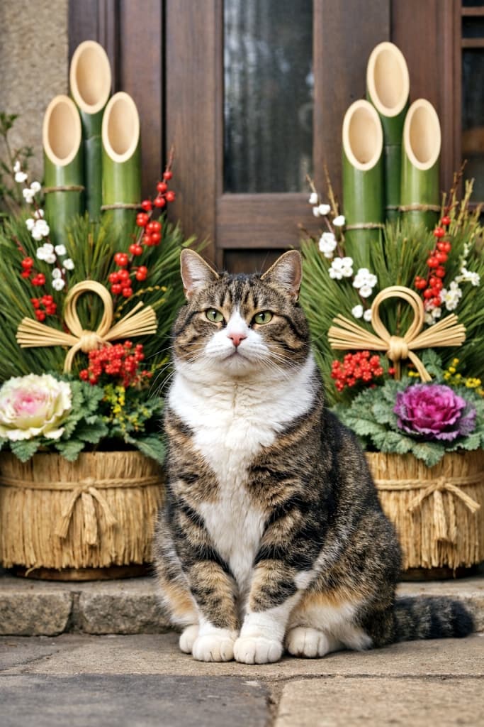 A proud-looking tabby and white cat sitting at the entrance of a Japanese house, posed in front of traditional kadomatsu New Year decorations in soft daylight. 日本家屋の玄関先で、門松の前に誇らしげに座るキジ白猫。柔らかな昼光に包まれた新年の雰囲気の写真