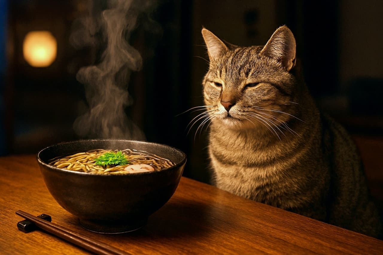 「年越しそばの香りにうっとり…このまま年を越しちゃいそうな、まったり猫タイム！」A relaxed tabby cat with half-closed eyes sits beside a steaming bowl of toshikoshi soba on a wooden table, bathed in warm late-night New Year’s Eve lighting. 半目でくつろぐトラ猫が、木のテーブルに置かれた湯気立つ年越しそばの横に座っている。大晦日の夜の温かな光に包まれた一瞬