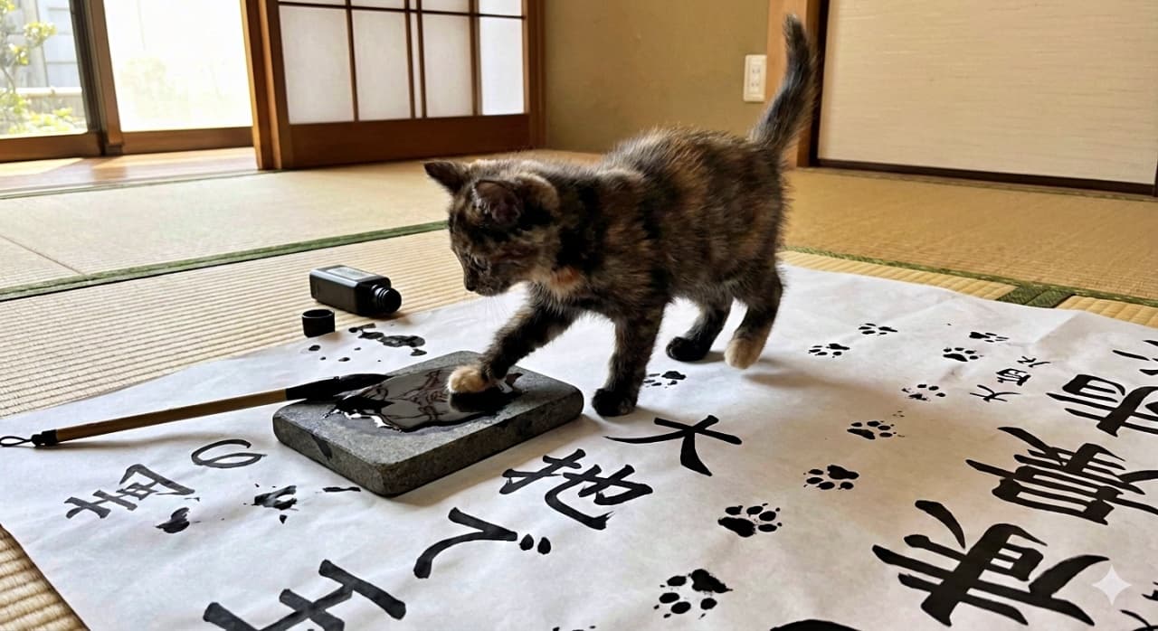 「「あっ、そこはダメー！」硯にダイブして肉球スタンプを量産中のサビ猫ちゃん。芸術的な書き初めが完成！？🐾🖌️」A photorealistic shot of a tortoiseshell kitten walking across a large sheet of "Kakizome" (New Year's calligraphy) paper spread on a tatami mat. The kitten is stepping directly into the inkstone with its paw, leaving a messy trail of black paw prints over the kanji characters. An open ink bottle sits nearby, capturing a chaotic and mischievous moment. 畳の上に広げられた大きな書き初め用紙の上を歩くサビ猫の子猫。前足で墨の入った硯（すずり）を直接踏みつけ、真っ黒になった肉球で紙の上に次々と足跡スタンプを押している決定的瞬間です。墨汁のボトルも転がっており、新年の行事が完全に猫のアートと化しているユーモラスな写真