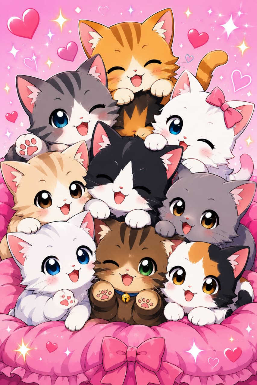 「可愛さの限界突破!きらきら笑顔の子猫たちが大集合🐾あなたのお気に入りの子はどの子?教えてね🐈 #猫団子 #猫好きさんと繋がりたい #子猫パラダイス」Ultra-realistic high-quality anime-style illustration of a large group of cute kittens with sparkling eyes on a pink ruffled bed. The kittens, including tabby, calico, and tuxedo, show playful expressions like winking and smiling, surrounded by a vibrant pink background with hearts and stars. ピンクのフリル付きクッションベッドに、様々な毛色(茶トラ、キジトラ、白猫、黒白ハチワレ、三毛など)のアニメ調の子猫たちがぎっしりと集まっているカラフルなイラスト。大きな瞳を輝かせ、ウインクをしたり笑ったりしており、背景にはピンクのグラデーションとハートや星の輝きが散りばめられています