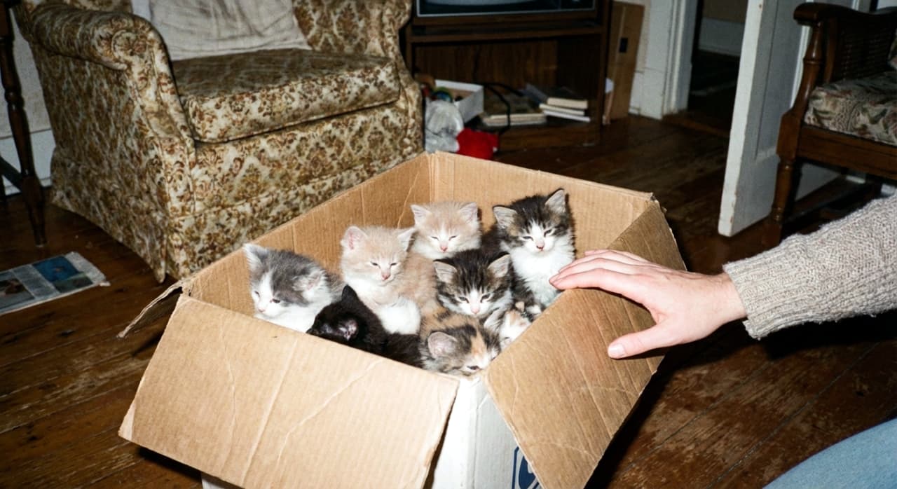 「懐かしいあの頃の風景…📦 段ボール箱いっぱいの子猫たちと、優しい手の温もりに胸がキュンとするニャ🎞️」A nostalgic analog film-style photo of a cardboard box filled with a litter of kittens on a wooden floor. A human hand gently rests on the edge of the box. The background features vintage furniture, and the image has a grainy texture and flash lighting. フローリングの床に置かれた段ボール箱いっぱいに詰まった子猫たちのアナログフィルム風写真。箱の端には人間の手が優しく添えられている。背景にはレトロな家具が見え、粒状感のある画質とフラッシュの光がノスタルジックな雰囲気を生んでいる