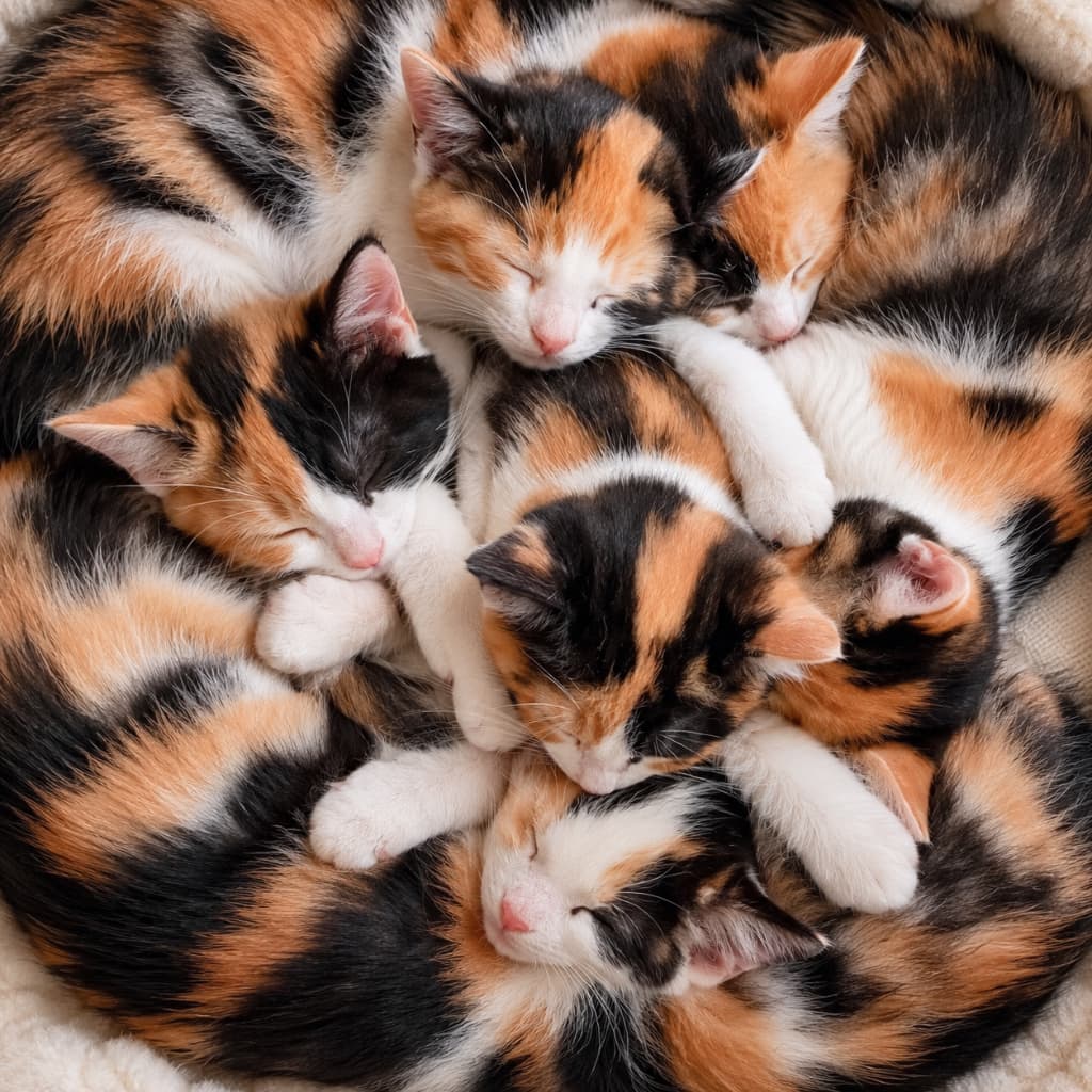「見事な三毛猫パズルの完成!🧩 色鮮やかなスヤスヤ顔が密集してて、どこから見ても可愛すぎる💕 #三毛猫 #にゃんすたぐらむ」Ultra-realistic high-quality photograph of calico kittens with striking contrasts of black, brown, and white, sleeping densely packed together like a round puzzle, resting their faces and paws on each other's bodies. Their glossy fur and cute pink noses are depicted in detail, creating a warm composition that evokes vitality and a strong sibling bond. 黒、茶色、白のコントラストが鮮やかな三毛猫(キャリコ)の子猫たちが、お互いの体に顔や前足を乗せ合いながら、丸いパズルが組み合わさったように密集して眠っている様子。艶やかな毛並みとピンク色のかわいらしい鼻先が詳細に描写されており、生命力と兄弟の強い絆を感じさせる温かな構図