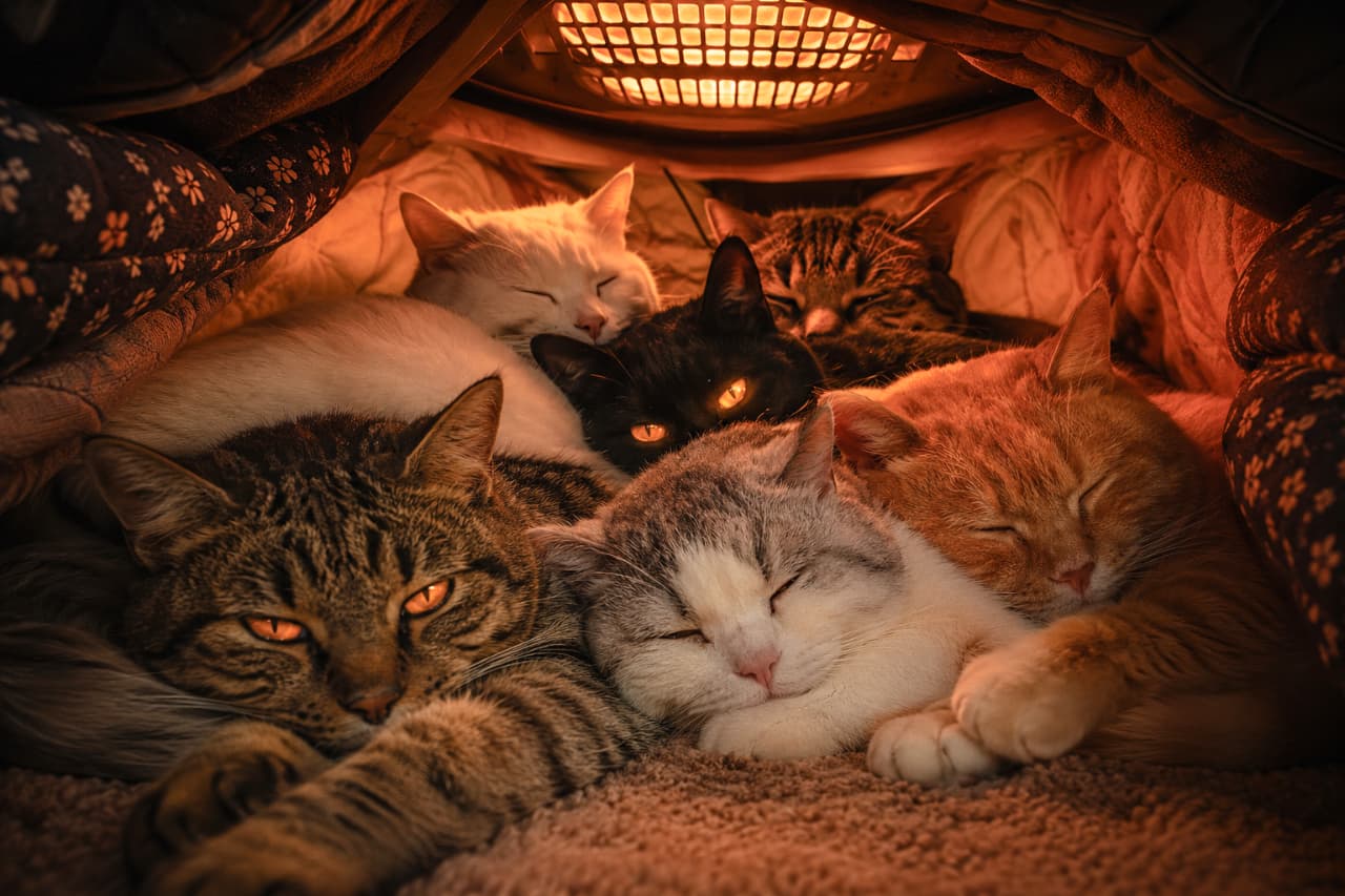 「こたつの中は猫たちの秘密基地🐾🍊ぬくぬく温まりながら、こちらを見つめる力強い視線にドキッとしちゃう! #猫団子 #猫好きさんと繋がりたい #子猫パラダイス」Ultra-realistic high-quality photograph of five adult cats of various breeds, including tabby, ginger, white, and black, snuggling inside a traditional Japanese kotatsu. The scene is bathed in the warm, amber glow of the internal heater. A brown tabby and a black cat stare intently with glowing orange eyes, while the others sleep peacefully on a soft carpet, capturing a cozy winter moment. 日本の冬の風物詩である「こたつ」の内部で、身を寄せ合ってくつろぐ個性豊かな5匹の大人猫たち。キジトラ、茶トラ、白猫、黒猫、サバ白の雑種猫たちがひしめき合っており、上部のヒーターから放たれる温かいオレンジ色の光が彼らを包み込んでいます。手前のキジトラ猫と中央の黒猫は、オレンジ色に光る力強い瞳でこちらを見つめ、奥の猫たちは心地よさそうに目を閉じて眠っています