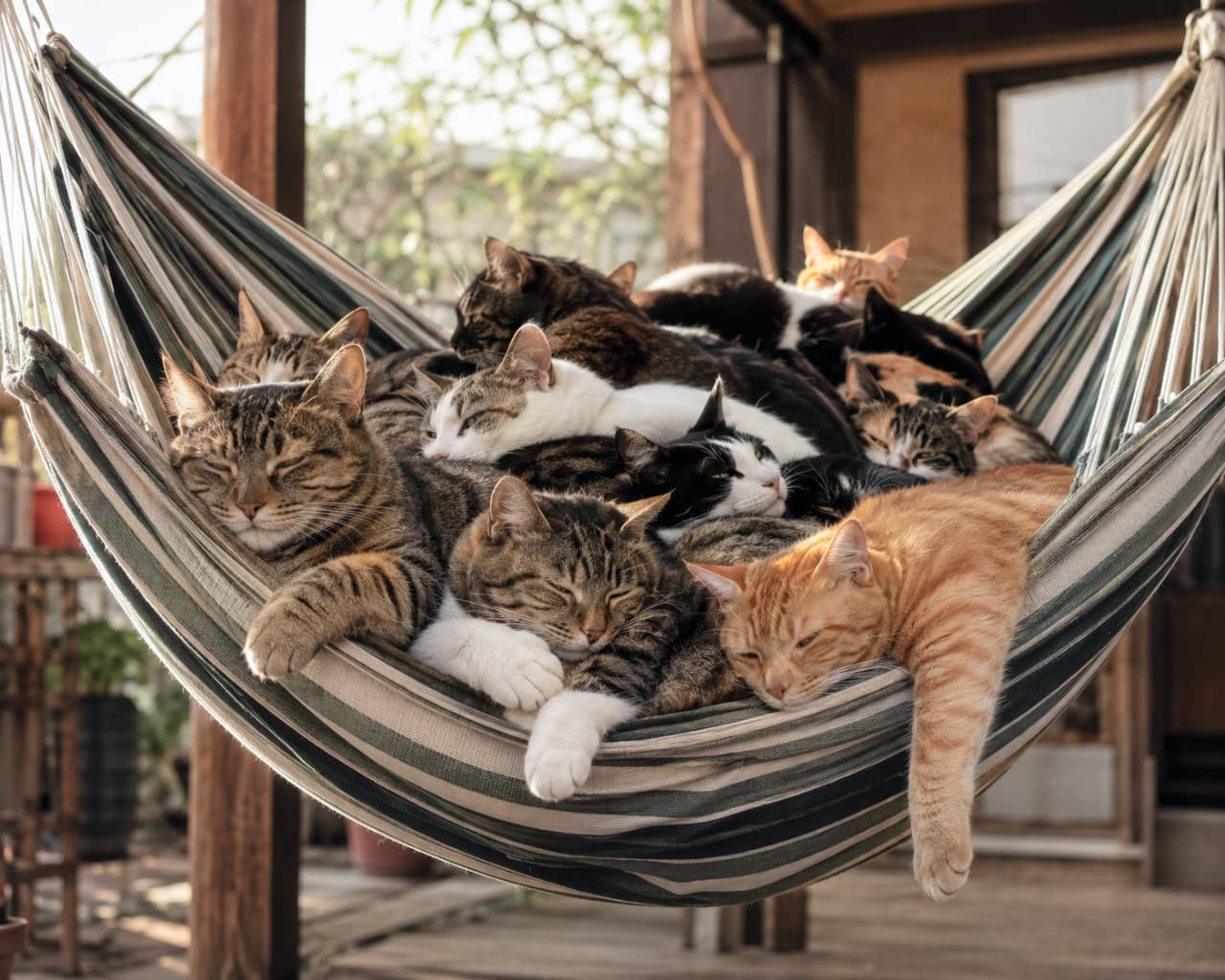 「ハンモックはもう満員御礼🐾💤ぽかぽか陽気に誘われて、みんなでとろける極上のお昼寝タイム🌞✨」Ultra-realistic high-quality photograph of a large group of mixed-breed cats sleeping tightly packed inside a striped canvas hammock on a sunlit porch. The cats, including brown tabbies, orange tabbies, and black-and-whites, are resting peacefully with their paws dangling. The warm sunlight beautifully highlights their diverse fur patterns, creating a deeply relaxing and idyllic weekend atmosphere. 温かな陽射しが差し込むテラスのストライプ柄ハンモックに、これでもかとばかりに密集してお昼寝をする大人猫たちの群れ。キジトラ、茶トラ、白黒ハチワレなど個性豊かなミックス猫たちが、お互いの温もりを感じながら気持ちよさそうに目を閉じています。だらんと垂れた前足や、重なり合うモフモフの被毛が、のどかで平和な休日の午後を美しく演出しています