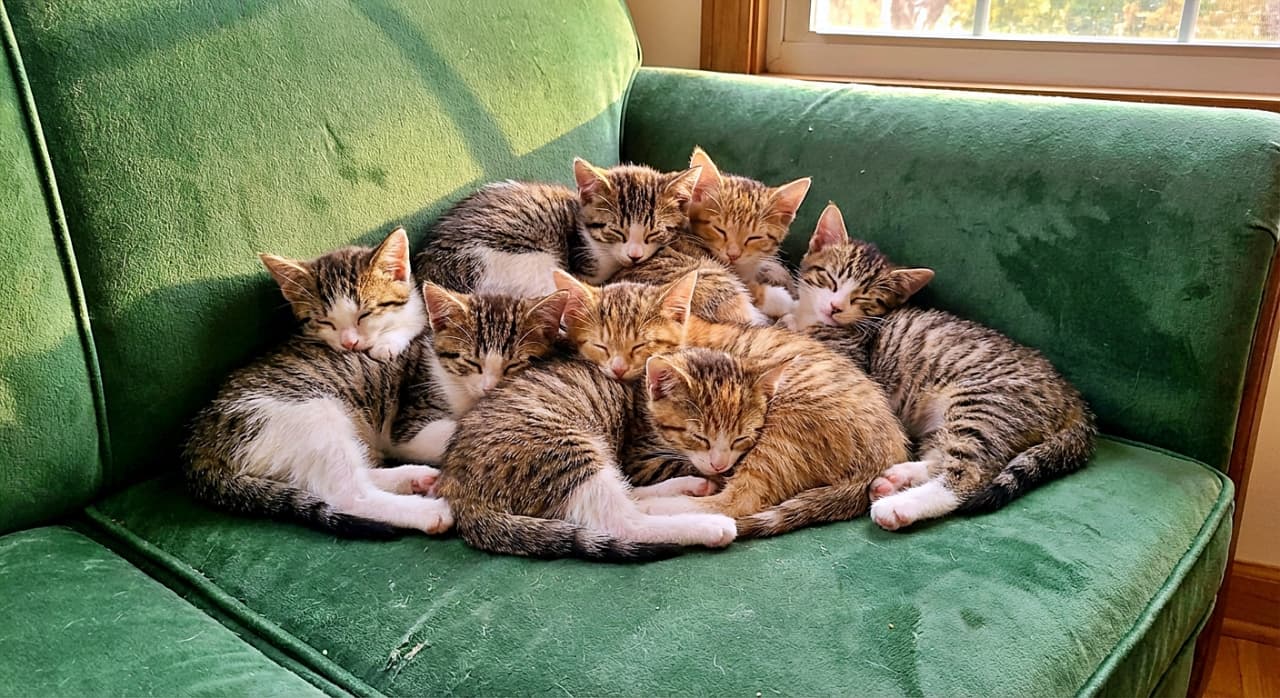 「ソファの隅っこが定位置？🛋️ 8匹固まって猫団子。ポカポカ日向でお昼寝タイム、最高だニャ☀️💕」A cozy group of eight kittens sleeping in a pile nestled in the corner of a green sofa. Sunlight streams in from the left, illuminating the mixed-breed kittens (tabby, white, orange) as they rest their heads on one another in a relaxed, natural huddle. 緑色のソファの隅に集まって、山盛りになって眠る8匹の子猫たち。左から差し込む日差しを浴びて、キジ白や茶トラの子猫がお互いに寄りかかり、気持ちよさそうに熟睡している自然な光景