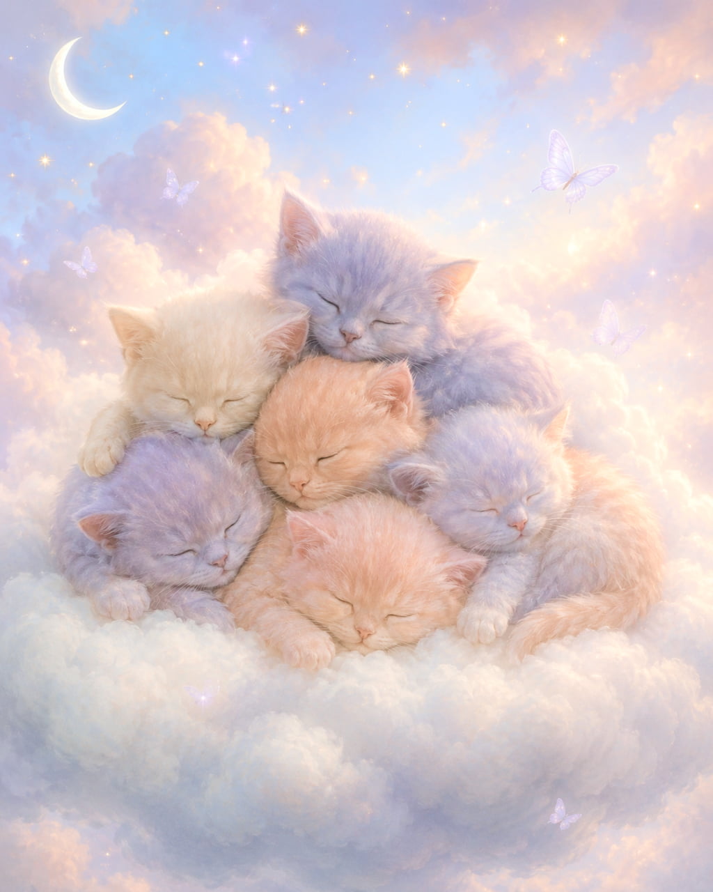 「今夜はどんな夢を見てるのかな?🌙雲の上の子猫天国へようこそ…✨非現実的な可愛さにキュン💜」An ultra-realistic high-quality digital fantasy artwork depicting soft pastel-colored kittens (lavender, pink, cream) curled up together on a fluffy white cloud against a dreamy, star-filled pastel twilight sky with a crescent moon and butterflies. 淡いパープルやピンク、クリーム色の被毛を持つ神秘的な子猫たちが、ふわふわとした白い雲の上に寄り添って眠っている幻想的なイラスト。背景にはパステルカラーの美しい夕空が広がり、繊細な三日月や輝く星、パステルパープルの蝶が舞う、まるでおとぎ話のような世界観