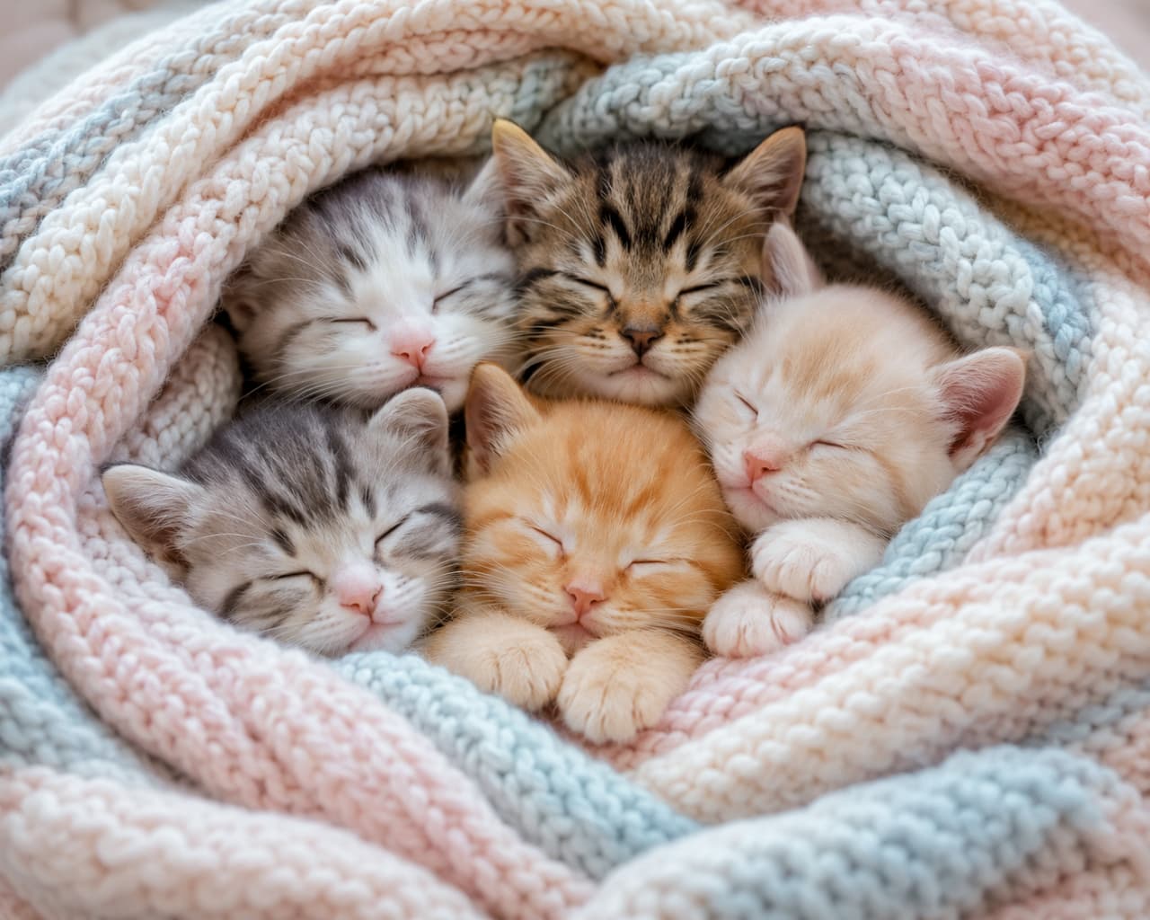 「パステルカラーの毛布に包まれて、みんなでスヤスヤ…お昼寝タイム突入です💤可愛すぎて息が止まりそう!🥺💖 #子猫 #お昼寝 #猫の寝顔」An ultra-realistic high-quality photograph of five fluffy kittens sleeping peacefully, huddled together inside a pastel pink and light blue knitted blanket. The kittens display various coat patterns including silver tabby, brown tabby, ginger, and cream, all with their eyes closed in deep sleep. パステルカラーのピンクやブルーの柔らかなニット毛布に包まれ、身を寄せ合って幸せそうに眠る5匹のふわふわな子猫たち。シルバータビー、ブラウンタビー、茶トラ、クリームなどの多様な毛色の子猫たちが目を閉じ、穏やかな表情で密集している、超高画質でリアルな写真
