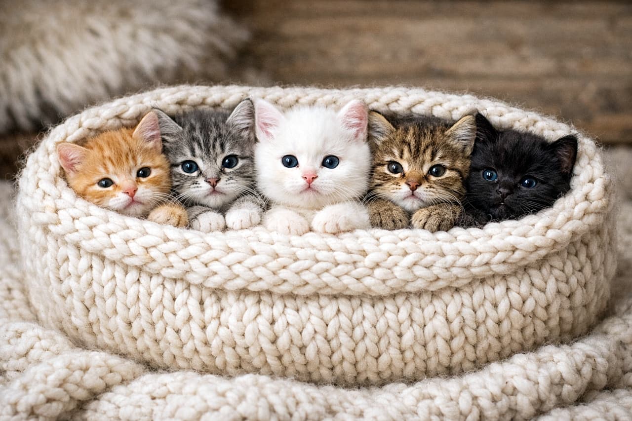 「ぬくぬく毛布にぎゅうぎゅう詰め！子猫たちの冬仕様ねこブリトーが可愛すぎる🐾」Five kittens snuggled tightly together inside a thick knitted blanket like a cozy burrito, with only their faces visible, showing soft fur and warm wool textures. 厚手のニット毛布に包まれて、顔だけをのぞかせながら寄り添う5匹の子猫。ふわふわの毛並みと温かそうなウールの質感が伝わる癒しの光景