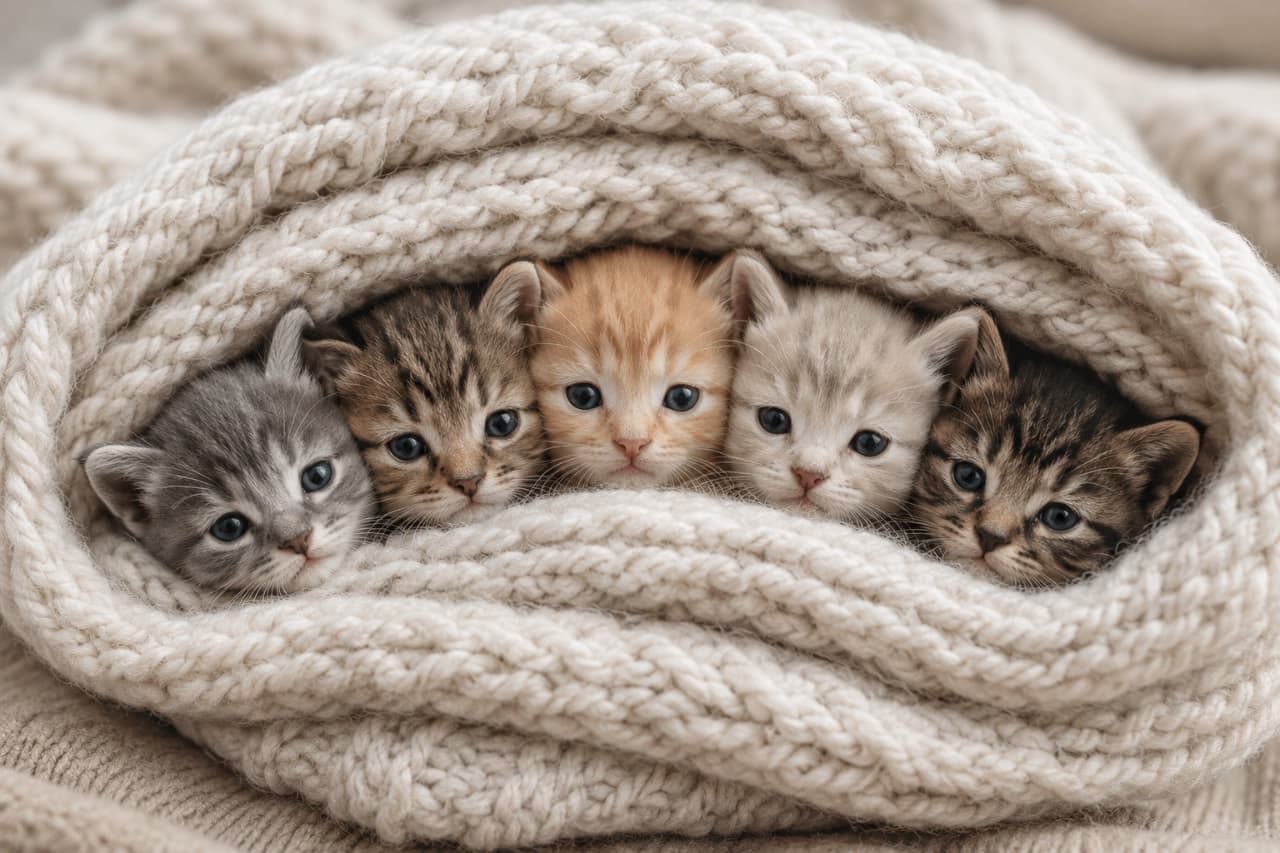 「毛糸のトンネルから、かわいいお顔がズラリ🧶✨暖かくてぬくぬくな特等席から、みんなに癒やしをお届け!」An ultra-realistic high-quality photograph of five cute kittens (grey, tabby, ginger, silver) lined up and peeking out from inside a cozy, chunky white knit blanket tunnel, looking forward with bright eyes under soft, diffused lighting. ざっくりと編まれた白い大きな毛糸のブランケットのロールの中にすっぽりと収まり、左からグレータビー、キジトラ、茶トラ、シルバー、キジトラの5匹の愛らしい子猫たちが並んでこちらを興味津々に見つめている高画質な写真。ナチュラルで柔らかい拡散光が全体を包んでいる