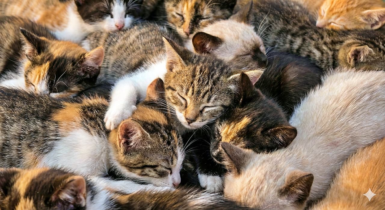 「画面いっぱい「ねこ・ネコ・猫」！隙間なしの超密集もふもふテクスチャ。どこを撫でても幸せニャ🐾💤」A macro close-up filling the entire frame with a massive, intertwined pile of sleeping kittens. Various breeds including calico, tabby, and white cats create a seamless texture of fur without any gaps, bathed in warm lighting. 画面全体を埋め尽くす、眠る子猫たちの巨大な重なり合いのマクロクローズアップ。三毛、キジトラ、白猫などが隙間なく絡まり合い、温かい光の中で継ぎ目のない毛皮のテクスチャを作り出している