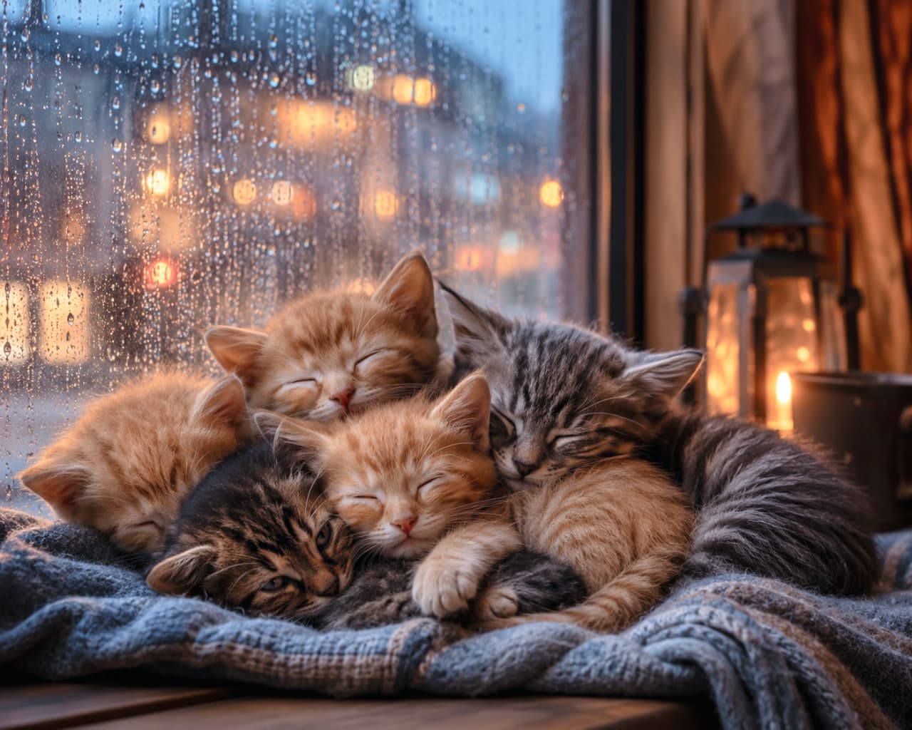 「外は冷たい雨でも、ここはポッカポカにゃ☔️🐾 みんなでくっつけば一番の特等席だね🕯️✨ #雨の日の過ごし方 #子猫のいる暮らし」Ultra-realistic high-quality photograph of four kittens, including orange tabbies, a brown tabby, and a silver tabby, huddled together against a backdrop of a blue-tinted window with glowing raindrops. Bathed in the warm orange light of a lantern, their soft fur and peaceful sleeping faces contrast beautifully with the cold rain outside. 雨粒が光る窓辺の青みがかった景色を背景に、オレンジ色の温かいランタンの光に包まれて身を寄せ合う4匹の子猫たち。茶トラやキジトラ、シルバータビーの被毛が柔らかく描かれ、冷たい雨音とは対照的な穏やかな寝顔が心温まる、極めてリアルで高品質な写真