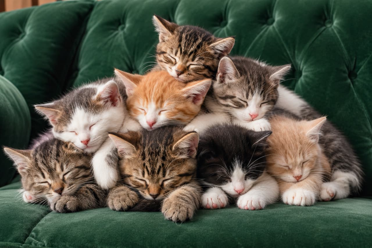「極上の寝心地にゃん…💤緑のソファでぎゅっと重なる子猫たちの寝顔に、今日の疲れも吹き飛びますね🐈✨ #猫団子 #猫好きさんと繋がりたい #子猫パラダイス」Ultra-realistic high-quality photograph of multiple mixed-breed kittens piled up and sleeping soundly on a dark green velvet sofa. The image highlights the fine textures of their soft fur and the elegant couch, captured in gentle, natural side lighting. 深緑色のクラシックなベロア調ソファの上で、キジトラ、茶トラ、白黒、サバトラなど複数のリアルな子猫たちが、お互いに頭や体を重ね合わせて深く眠っている写真。子猫たちの柔らかな毛並みのディテールと、ソファの落ち着いた高級感ある質感が、美しいコントラストを描いています
