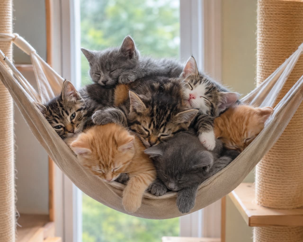「定員オーバーだけど気にしないニャあ〜の図。この密着感がたまらん…🐾窓辺でスヤスヤ夢の中😴」An ultra-realistic high-quality photograph of several adorable kittens, including grey, ginger, and tabby-white, piled up and sleeping peacefully together in a canvas hammock attached to a cat tree by a bright window with a blurred green nature background. キャットタワーに設置されたキャンバス生地のハンモックに、グレー、茶トラ、キジトラ白など、複数の可愛い子猫たちが折り重なるようにしてスヤスヤと眠っている写真。背景の窓からは柔らかな自然光が差し込み、外の瑞々しい緑が美しくボケており、猫たちの穏やかな表情を優しく照らしている