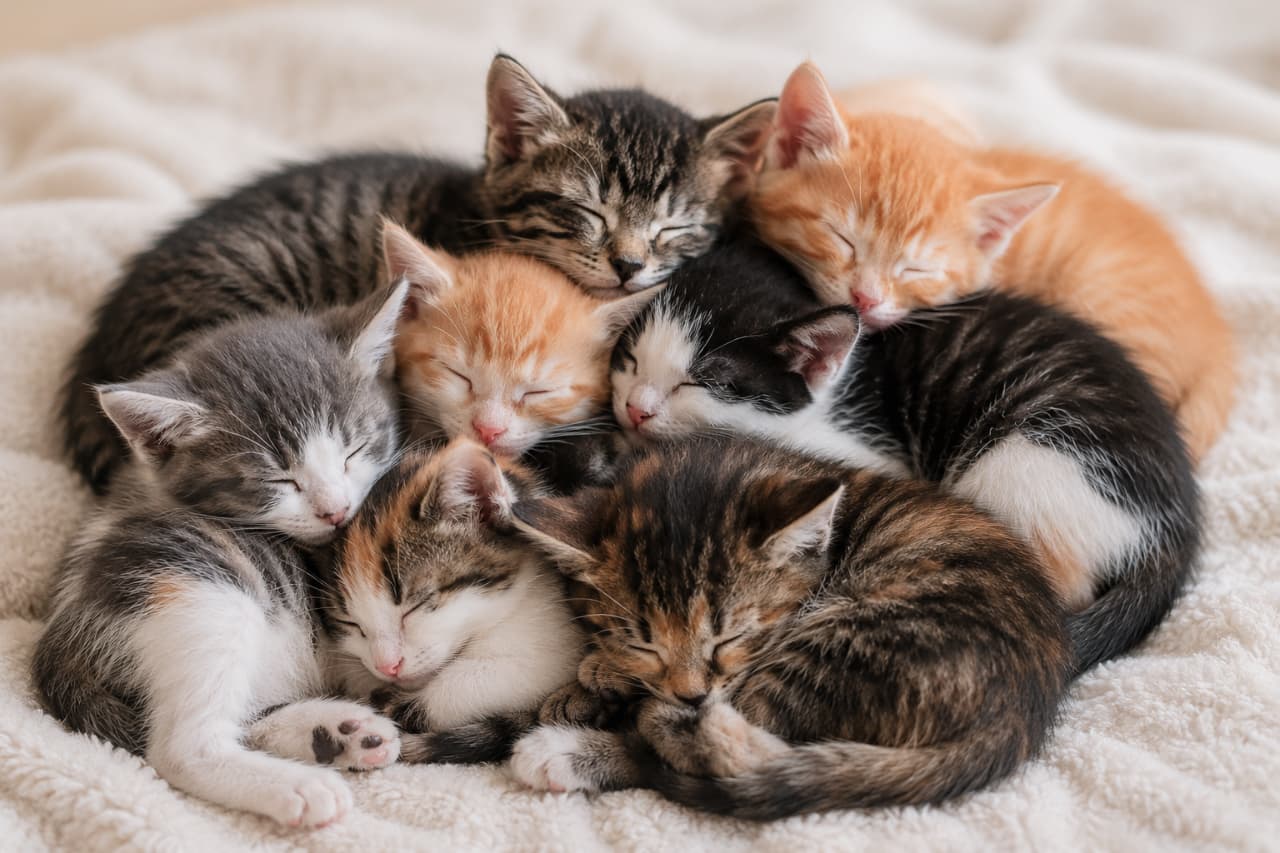 「子猫たちの楽園がここに…🌈いろんな毛色の子たちが、みんなで仲良くぎゅっとして夢の中へ💤 #猫好きさんと繋がりたい #子猫パラダイス #多頭飼い」Ultra-realistic high-quality photograph of seven assorted short-haired kittens (tabby, ginger, calico, tuxedo, and gray-white) sleeping soundly in a cozy pile on a soft white faux-shearling blanket, illuminated by bright and clean natural light. ふかふかとした白いボア毛布の上で、お互いに頭や体を寄せ合い、円を描くようにして眠る7匹の様々な毛色の短毛種の子猫たち。キジトラ、茶トラ、サバ白、三毛、黒白ハチワレなど個性豊かな子猫たちがみんな幸せそうに目を閉じており、柔らかい自然光が全体を優しく包み込んでいます