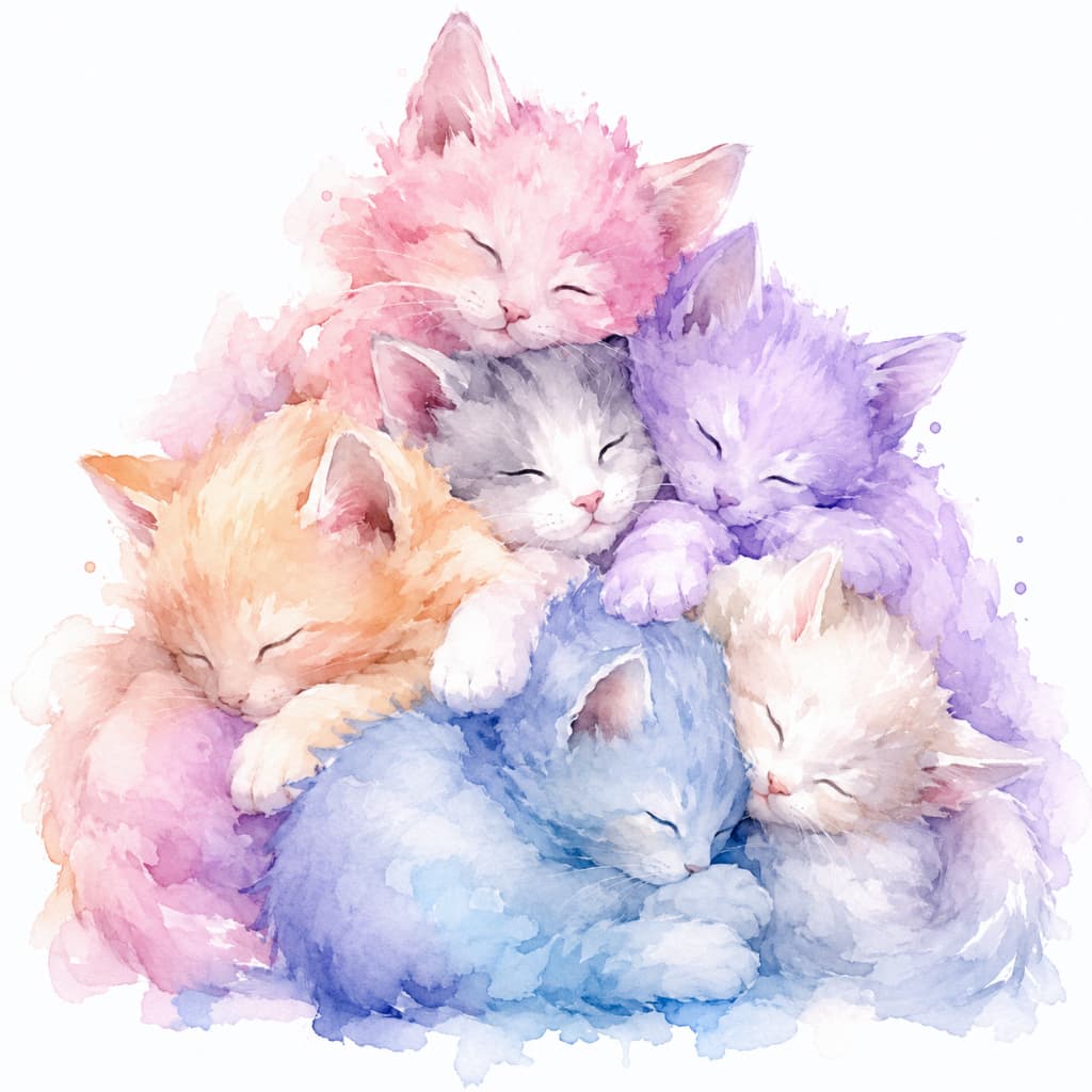 「カラフルでもふもふな夢の中🌈水彩画テイストの可愛い子猫たちに、心がじんわり温まります…ピュア✨ #猫団子 #猫好きさんと繋がりたい #子猫パラダイス」Ultra-realistic high-quality watercolor artwork of six sleeping kittens in pastel shades of pink, purple, gray, orange, blue, and cream huddled together. The soft color bleeding against a clean white background enhances the fluffy fur texture and dreamy atmosphere. ピンク、パープル、グレー、オレンジ、ブルー、クリーム色のパステルカラーで描かれた6匹の子猫たちが、お互いに寄り添い合って眠っている水彩画風のイラスト。白い背景の中で、優しく滲む絵の具の質感が、子猫たちのふわふわとした毛並みと幻想的な雰囲気を引き立てています