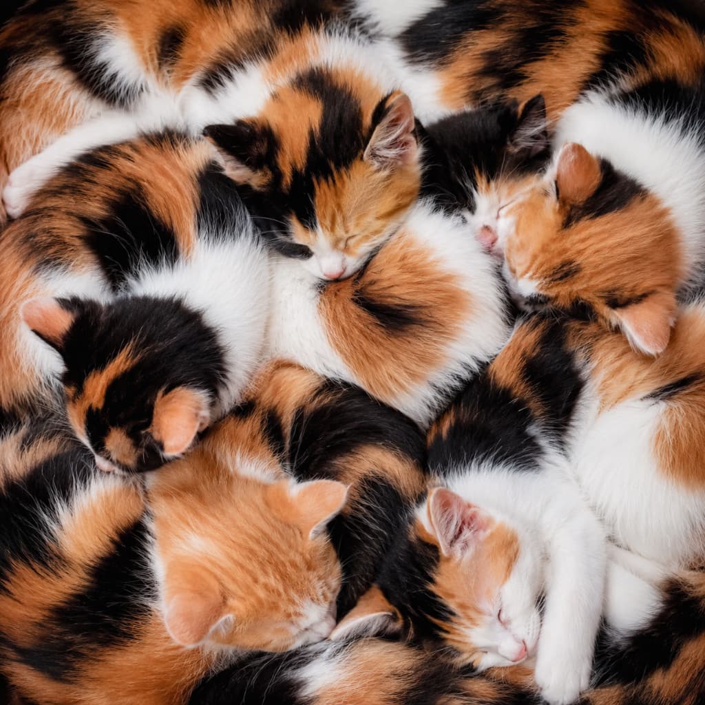 「幸せの塊を発見!もふもふな三毛猫の赤ちゃんたちがぎゅーっとお昼寝中💤癒やされたら「いいね」してね💖 #猫団子 #三毛猫 #猫好きさんと繋がりたい #子猫パラダイス」Ultra-realistic high-quality photograph of a dense pile of adorable calico kittens sleeping soundly together. Their beautiful fur with patches of orange, black, and white fills the frame, illuminated by soft, warm light that highlights their peaceful expressions. たくさんの三毛猫(キャリコ)の子猫たちが、お互いに体を丸めて密集し、気持ちよさそうに眠っているクローズアップ写真。オレンジ、黒、白の美しい斑模様の被毛が画面いっぱいに広がり、柔らかく温かみのある光が子猫たちの愛らしい寝顔をやさしく照らしています