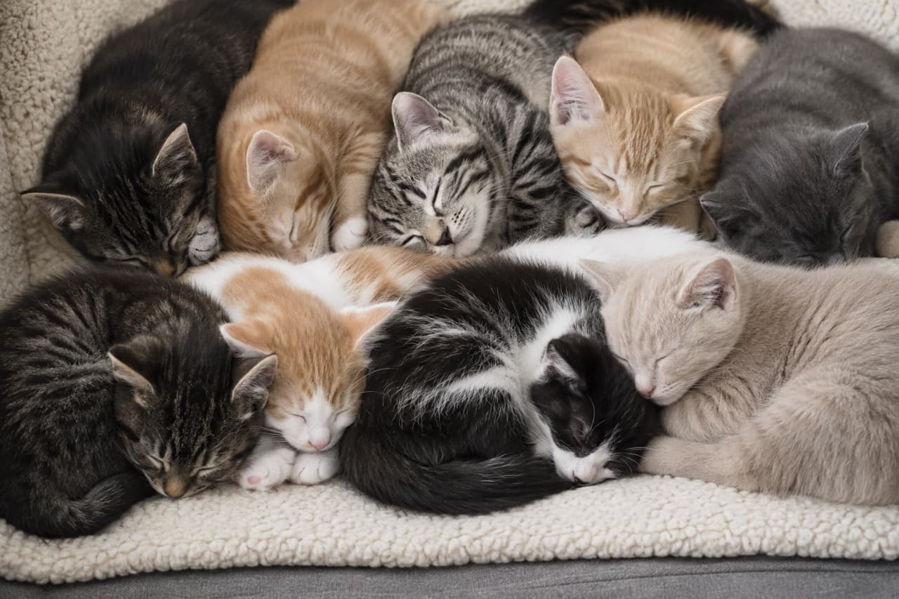 「画面いっぱいの幸せをお裾分けします🐈一体何匹いるか分かるかな?癒やされたら「いいね」してね❤️ #ねこのきもち #おひるね」An ultra-realistic high-quality photograph taken from a top-down angle, showing nine mixed-breed kittens of various coat colors—including tabby, ginger, tuxedo, and grey—sleeping tightly packed together in two rows on a soft, white fluffy blanket. ふわふわとした白いボア素材の敷物の上で、キジトラ、茶トラ、サバトラ、白黒、グレーなど、様々な毛色の雑種の子猫9匹が2列にぎっしりと並んで気持ちよさそうに目を閉じて眠っている、真上から撮影された高画質な写真。子猫たちの柔らかい被毛の質感や、小さな肉球が繊細に描写されている