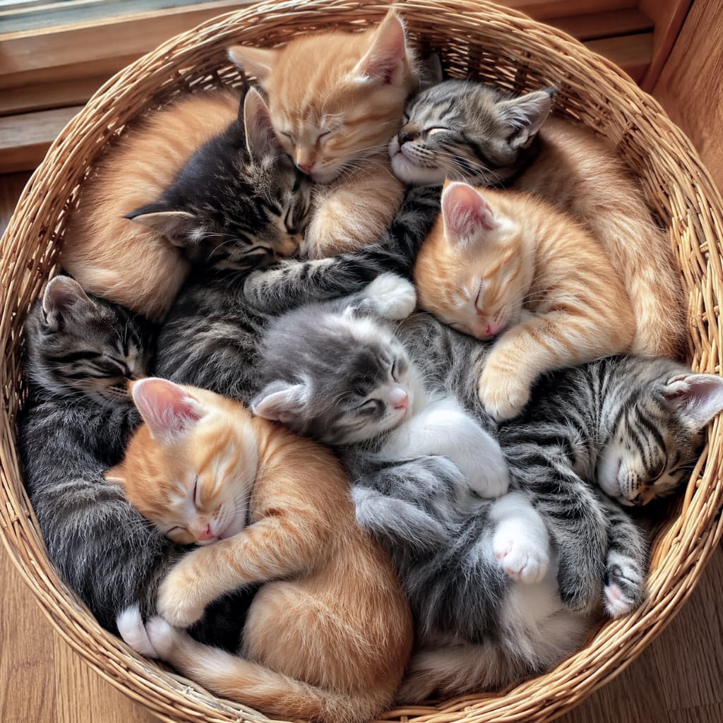 「バスケットいっぱいの幸せ💕みんなでくっついて寝るとあったかいね🐾 #子猫 #猫のいる暮らし #お昼寝 #多頭飼い」Ultra-realistic high-quality photograph of multiple colorful kittens, including brown tabbies, ginger tabbies, and silver tabbies, sleeping tightly huddled together for warmth in a round woven wicker basket. Soft natural light gently highlights their fluffy fur. 籐で編まれた丸いバスケットの中で、キジトラ、茶トラ、サバトラなど色とりどりの被毛を持つ複数の子猫たちが、お互いの温もりを求め合うようにぎゅっと身を寄せ合って眠っている高画質な写真。柔らかな自然光が猫たちのふわふわの毛並みを優しく照らし出しています