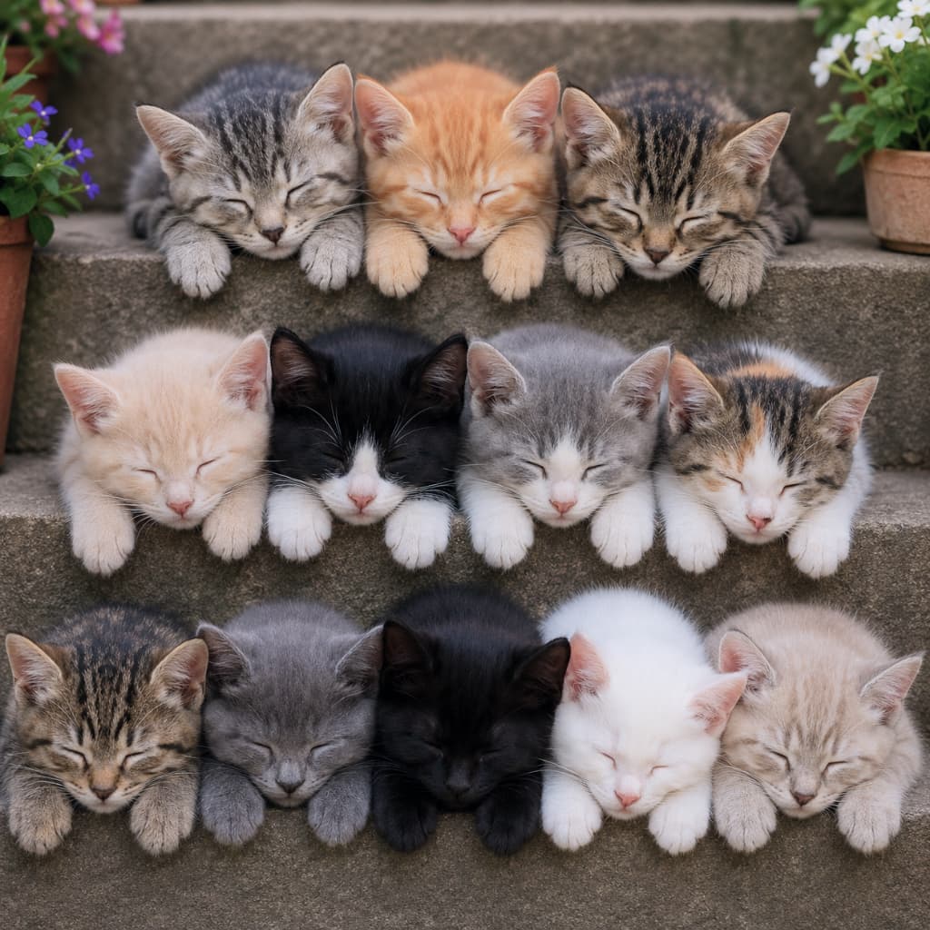「きれいに整列!🐾可愛すぎる子猫のピラミッドが完成しました✨みんな同じポーズなのがたまらない😆 #奇跡の一枚 #猫のいる風景 #整列」Ultra-realistic high-quality photograph of 11 kittens sleeping neatly arranged in three rows on outdoor concrete steps. From top to bottom, the rows feature completely different coat colors, including brown tabby, ginger, cream, tuxedo, silver tabby, calico, grey, black, and white. They all sleep adorably in the same sphinx-like pose with their front paws stretched out. 屋外のコンクリートの階段で、11匹の子猫たちが3段に分かれて行儀よく並んで眠っている高画質な写真。上段からキジトラ、茶トラ、中段はクリーム、ハチワレ、サバトラ、三毛、下段はキジトラ、グレー、黒、白、淡い茶色と、全ての毛色が異なり、両足を前に出した同じポーズ(スフィンクス座り)で眠る姿が愛らしいです