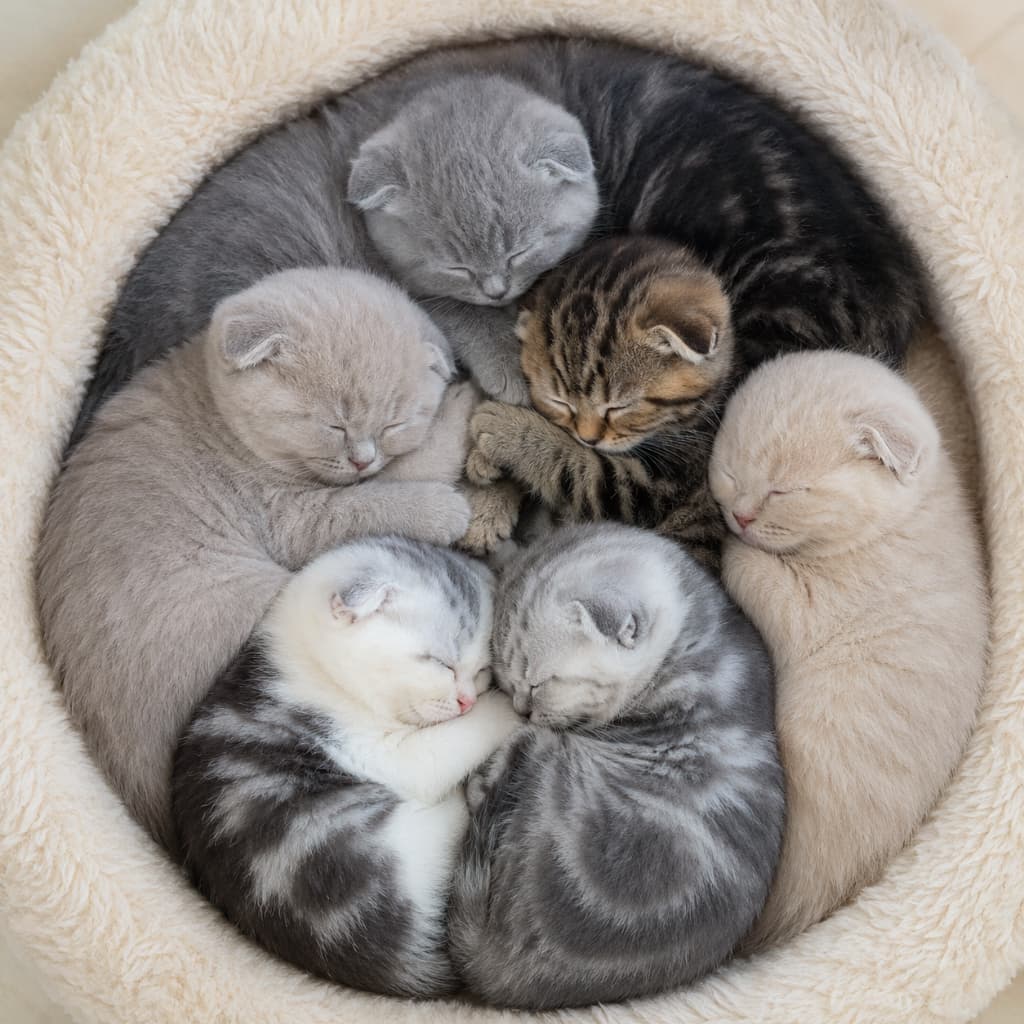 「完璧な「子猫リング」が完成にゃ🐾 みんなでくっつけば、夢の中までぽっかぽかだね💤 #猫のいる暮らし #子猫 #ねこ部 #子猫のいる生活」Ultra-realistic high-quality photograph of six kittens, presumably Scottish Folds and American Shorthairs, sleeping soundly huddled together in a perfect circle inside a round fluffy bed. The kittens, with various coat colors including blue tabby, cream, and silver tabby & white, sleep with peaceful expressions bathed in soft natural light. 丸いもこもこのベッドの中で、スコティッシュフォールドやアメリカンショートヘアと推測される6匹の子猫たちが、美しい円を描くように身を寄せ合って熟睡している様子。ブルータビー、クリーム、シルバータビー&ホワイトなど多彩な毛色の子猫たちが、柔らかな自然光に包まれながら安心しきった表情で眠る、非常に高画質でリアルな写真