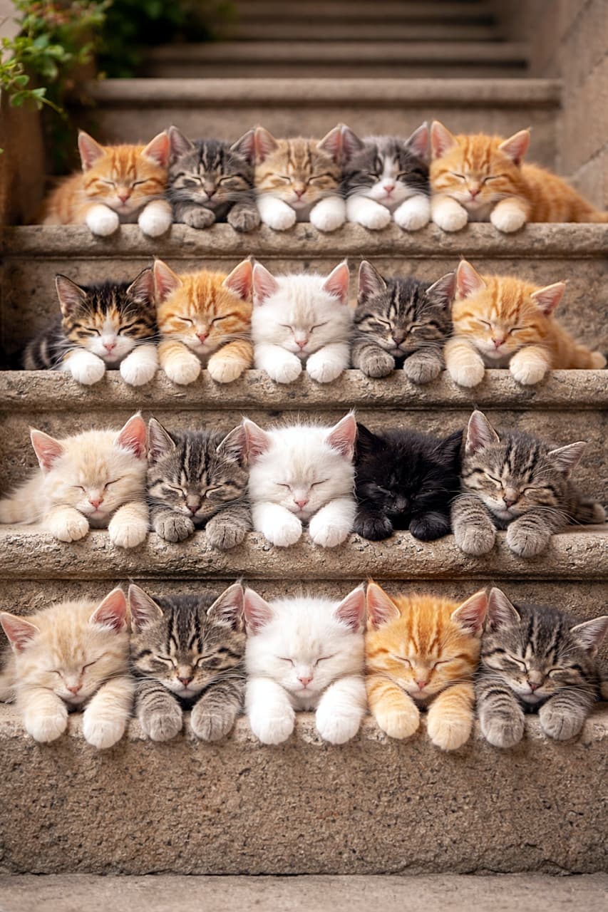 「段々おやすみ中の子猫ケーキ。前足ちょこん、全段ふわふわ、見た瞬間とろけます」Four neat rows of sleeping kittens on wide stone steps, their front paws gently hanging over the edges, forming a cute, tiered arrangement like a cat cake. 幅の広い石段に、4段に整然と並んで眠る子猫たち。前足を縁から垂らし、ケーキのように段々に重なっている様子