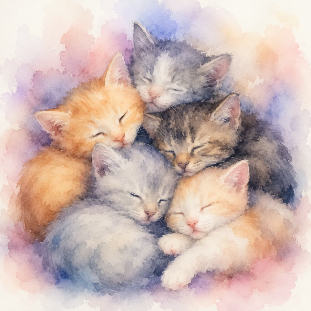 「心がじんわり温まる、優しい水彩の世界🎨子猫たちのピュアな寝顔に、今日一日の疲れも吹き飛んじゃうね✨」A high-quality watercolor illustration depicting five sweet kittens curled up in a circle sleeping peacefully. The background features a soft blending of pastel pink, purple, and blue watercolor washes, creating a warm, artistic feel. 優しいタッチの水彩画で描かれた、5匹の子猫(茶トラ、グレー白、キジトラ、シルバー、クリーム)が円を描くように身を寄せ合って眠っているイラスト。背景にはピンク、パープル、イエロー、ブルーの淡いにじみが広がり、全体的に暖かく柔らかな雰囲気が表現されている