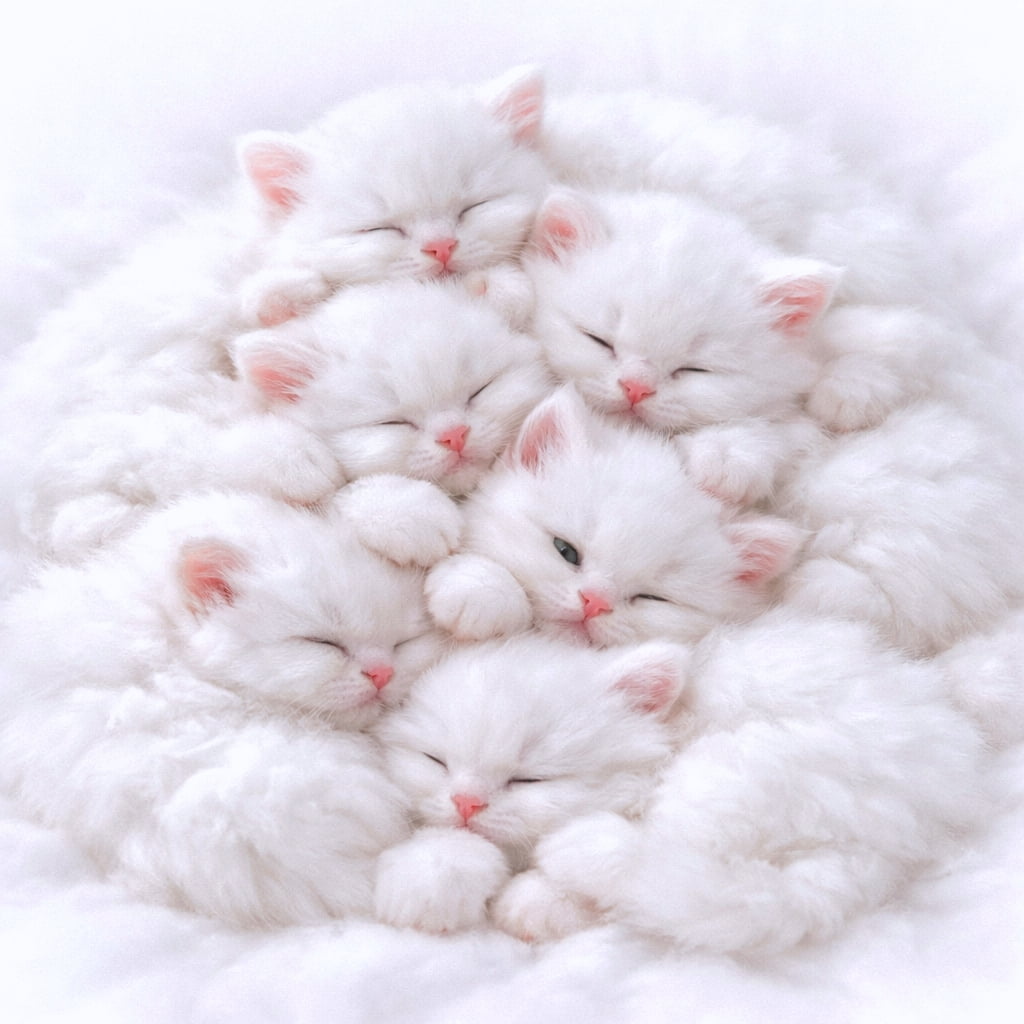 「どこからどこまでが猫！？☁️ 雲みたいに一体化した白猫団子。埋もれたピンクのお鼻が尊いニャ🍬✨」A dreamy, high-key close-up of a pile of white kittens snuggled so tightly they form a single cloud of fluff. Their pink noses and ears stand out against the pure white fur, creating an angelic and indistinct separation between them. 境界線がわからないほど密着して眠る、真っ白な子猫の山。全体が雲や綿あめのように一体化しており、ピンクの鼻と耳だけがアクセントになっている。高輝度の照明で撮影された幻想的な一枚