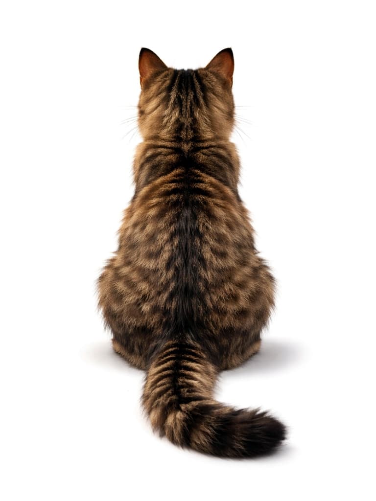 Back view of a sitting tabby cat with a fluffy tail, isolated on a white background. 白い背景で座る、ふわっとしたしっぽが見える猫の後ろ姿