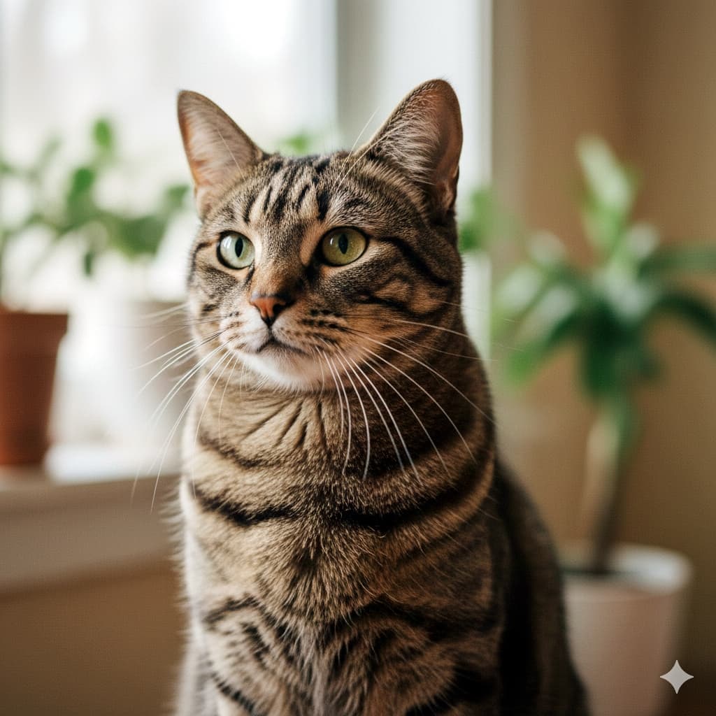 「キリッとした表情がかっこいい!緑の中のキジトラ猫さん、エメラルドグリーンの瞳に吸い込まれそう🌿💚」A close-up portrait of a brown tabby cat with striking green eyes looking to the left. Set against a bright background with blurred houseplants, the image captures the cat's sharp markings and alert, confident expression in a fresh, airy setting. 明るい日差しが入る部屋で、鮮やかな緑色の瞳を輝かせて左方向を見ているキジトラ猫のクローズアップ。背景にはボケた観葉植物があり、猫のくっきりとした縞模様と凛とした表情が際立つ、清潔感あふれる爽やかな写真