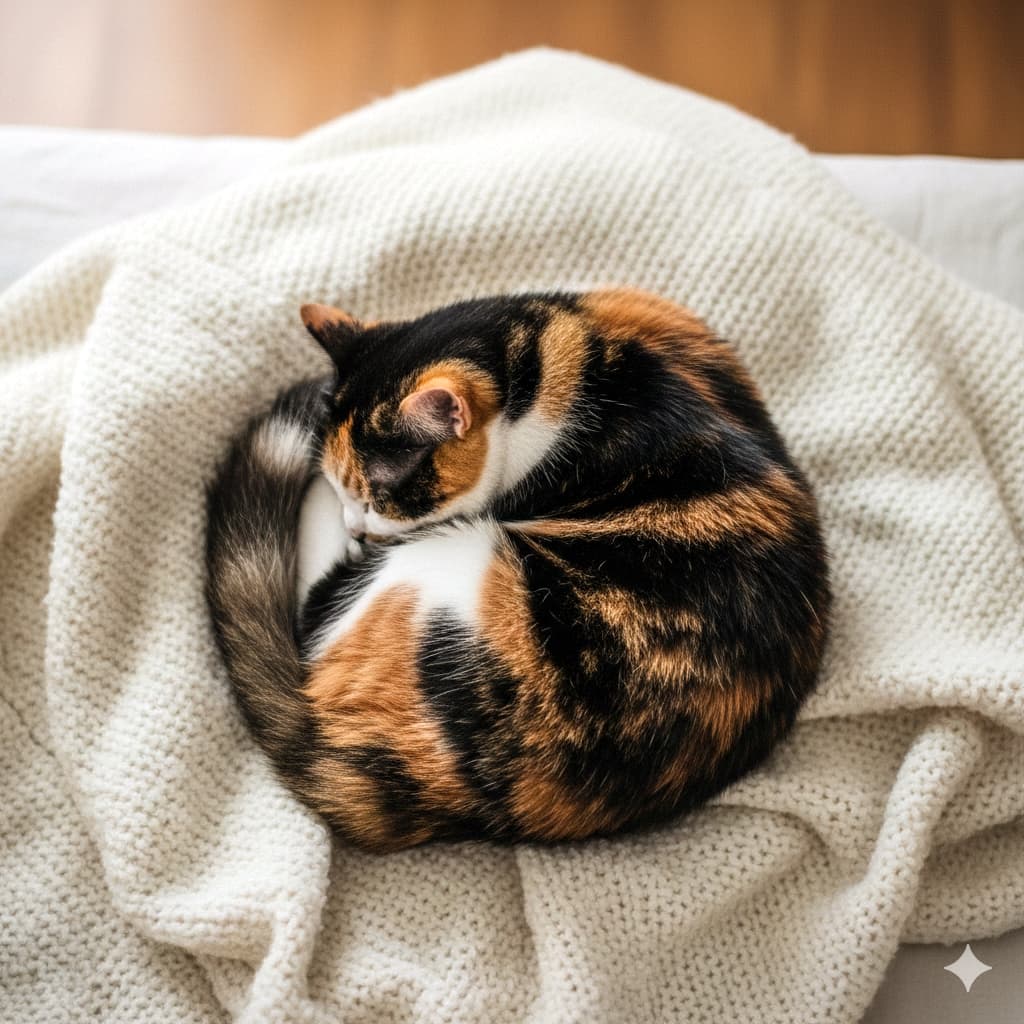 「完璧な「ニャンモナイト」発見!ニットに埋もれてまんまるに眠る三毛猫さん、芸術的な丸さです🌀💤」A top-down, photorealistic shot of a calico cat curled into a perfect circle on a chunky white knit blanket. The cat is fast asleep, tucking its nose under its tail, creating a cozy scene where the tricolor fur contrasts softly with the textured fabric. 白いざっくりとした編み目のニットブランケットの上で、きれいな円形を描いて丸まっている三毛猫の真上からのショット。黒、茶、白の美しい毛並みがニットの質感と調和し、尻尾で顔を包み込むようにして熟睡している、温かみのあるリラックスした写真