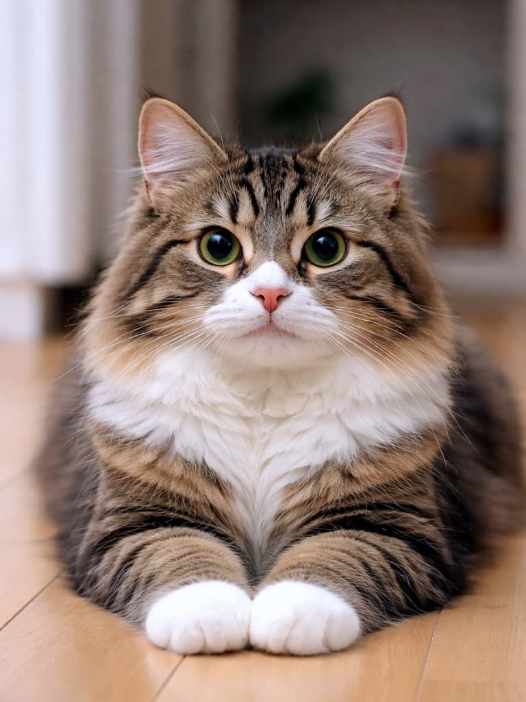 A fluffy tabby cat lying down with its front paws neatly aligned, looking straight ahead on a wooden floor. 前足をきれいに揃えて床に伏せている、正面を見つめるふわふわのキジトラ猫