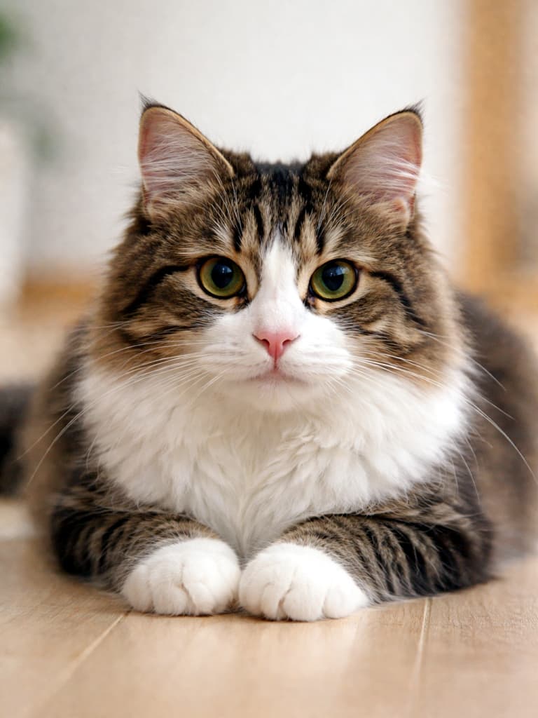 A cat lying down on the floor, looking straight ahead with calm eyes 床に伏せて、穏やかな表情で正面を見つめる猫