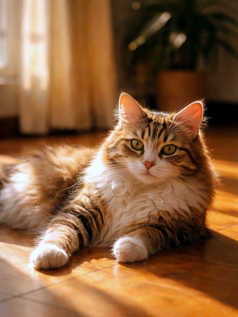 「日向ぼっこ職人、見事に仕事しています☀️🐱」A fluffy tabby cat lying on a wooden floor, basking in warm sunlight streaming through a window. 窓から差し込む暖かな日差しの中、木の床に寝そべってくつろぐふわふわのキジトラ猫