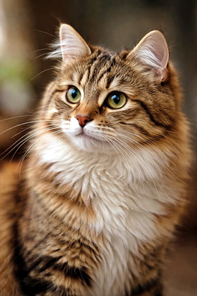 A close-up portrait of a fluffy tabby cat looking slightly to the side, with soft lighting and a calm expression. 少し横を見つめるふわふわした毛並みのキジトラ猫のクローズアップポートレート。柔らかな光に包まれた穏やかな表情