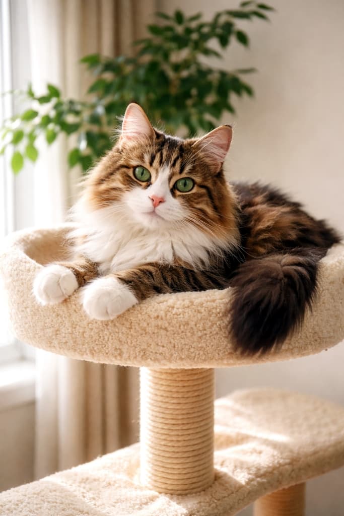 A fluffy tabby cat resting comfortably on a cat tower platform, looking calmly toward the camera in soft natural light. キャットタワーの上でくつろぎながら、穏やかな表情でこちらを見つめるふわふわのキジトラ猫