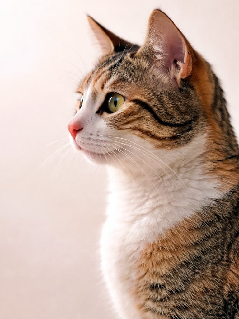 「この猫さん、横顔だけで仕事ができるタイプですね…静かな存在感が素敵です」Side profile of a cat with green eyes against a clean background, softly lit with gentle natural light やわらかな自然光に照らされた、シンプルな背景の猫の横顔