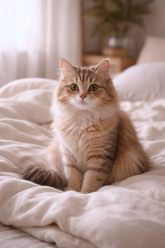 A fluffy light brown cat sitting calmly on a soft white bed, illuminated by gentle natural light in a cozy bedroom. やわらかな白いベッドの上にちょこんと座る、ふわふわの薄茶色の猫。自然光に包まれた落ち着いた室内の様子