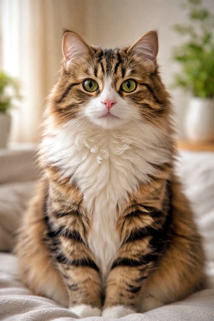 A fluffy tabby cat sitting upright and facing the camera in soft natural light, centered composition 柔らかな自然光の中、正面を向いておすわりするふわふわのキジトラ猫