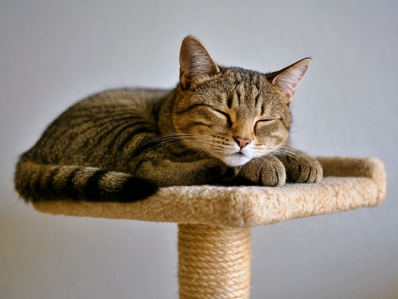A tabby cat with closed eyes rests peacefully on a beige carpeted cat tower platform, its front paws tucked under and tail curled over the edge, bathed in soft natural light. 目を閉じて穏やかに眠るキジトラ猫が、ベージュのカーペット張りキャットタワーの台座に前足をしまって横たわり、尻尾を端に垂らしながら柔らかな自然光に包まれている